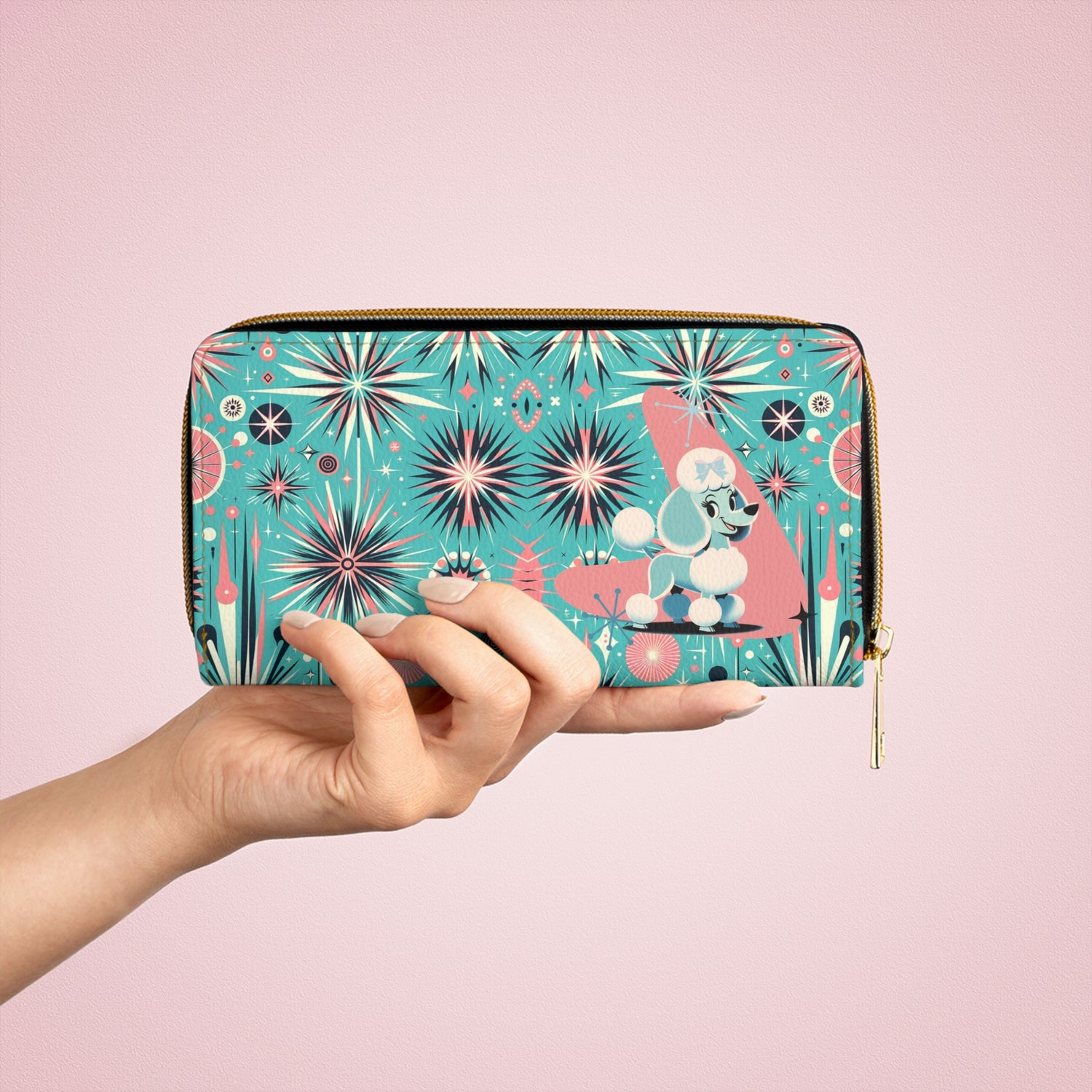 1950s Atomic Pink, Aqua Poodle Zipper Wallet - Mid Century Modern Gal