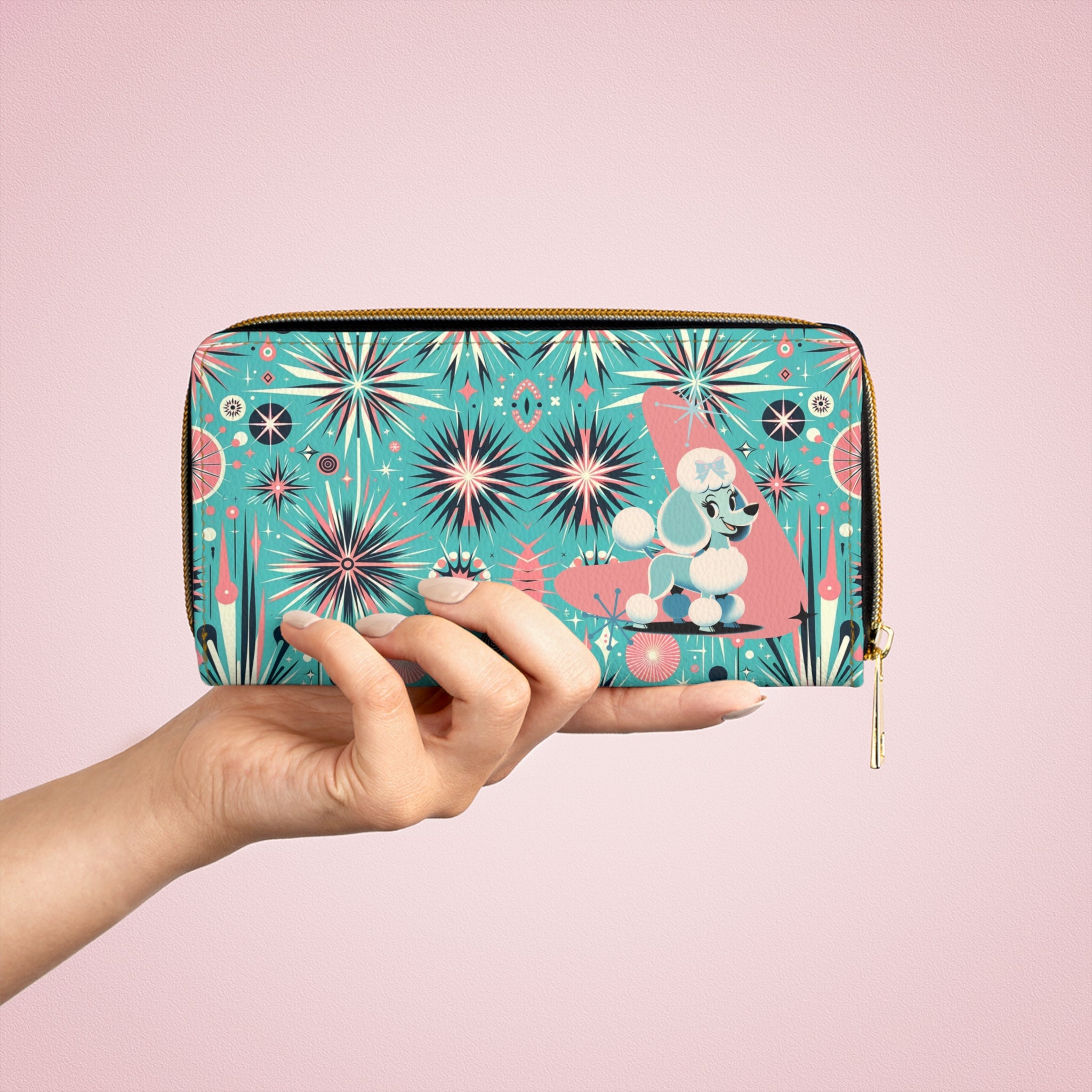 1950s Atomic Pink, Aqua Poodle Zipper Wallet - Mid Century Modern Gal