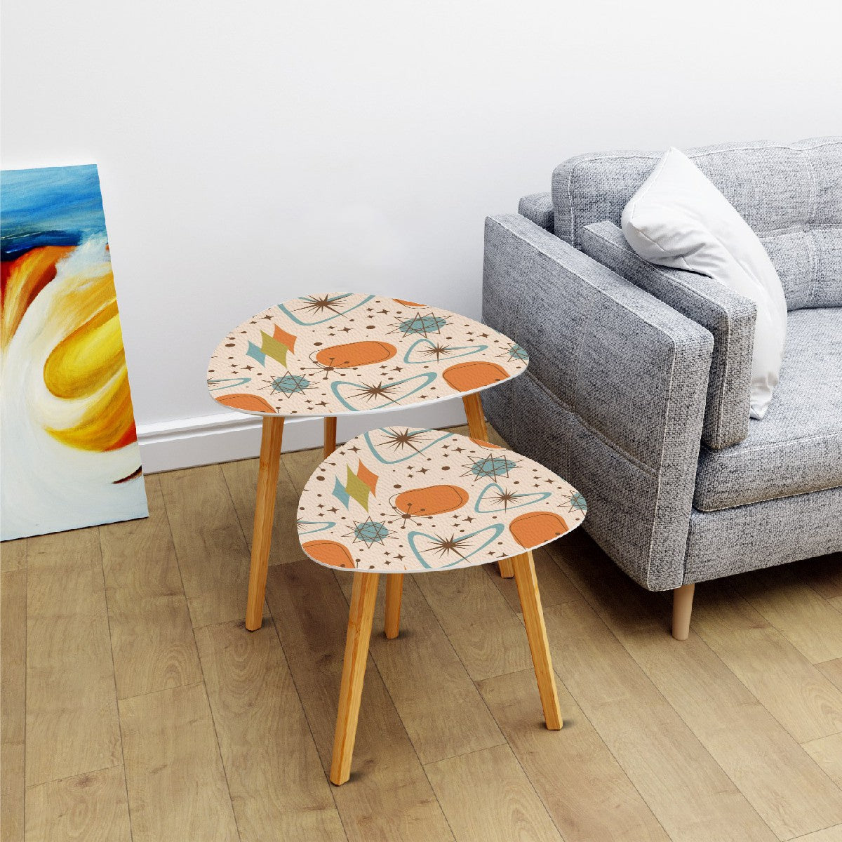Mid Century Modern Nesting Tables, Atomic Boomerang, Starbursts Orange Blue Designed - Mid Century Modern Gal