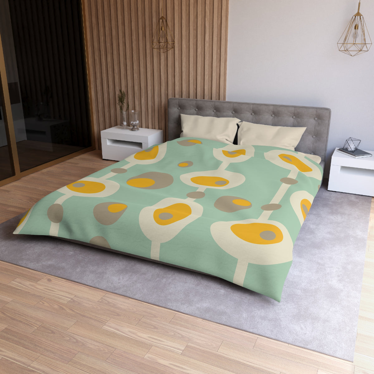 Mid Century Modern Bedding, Mustard Yellow, Gray, Creamy Beige Orbs, Mint MCM Retro Groovy Duvet Bedding Cover - Mid Century Modern Gal