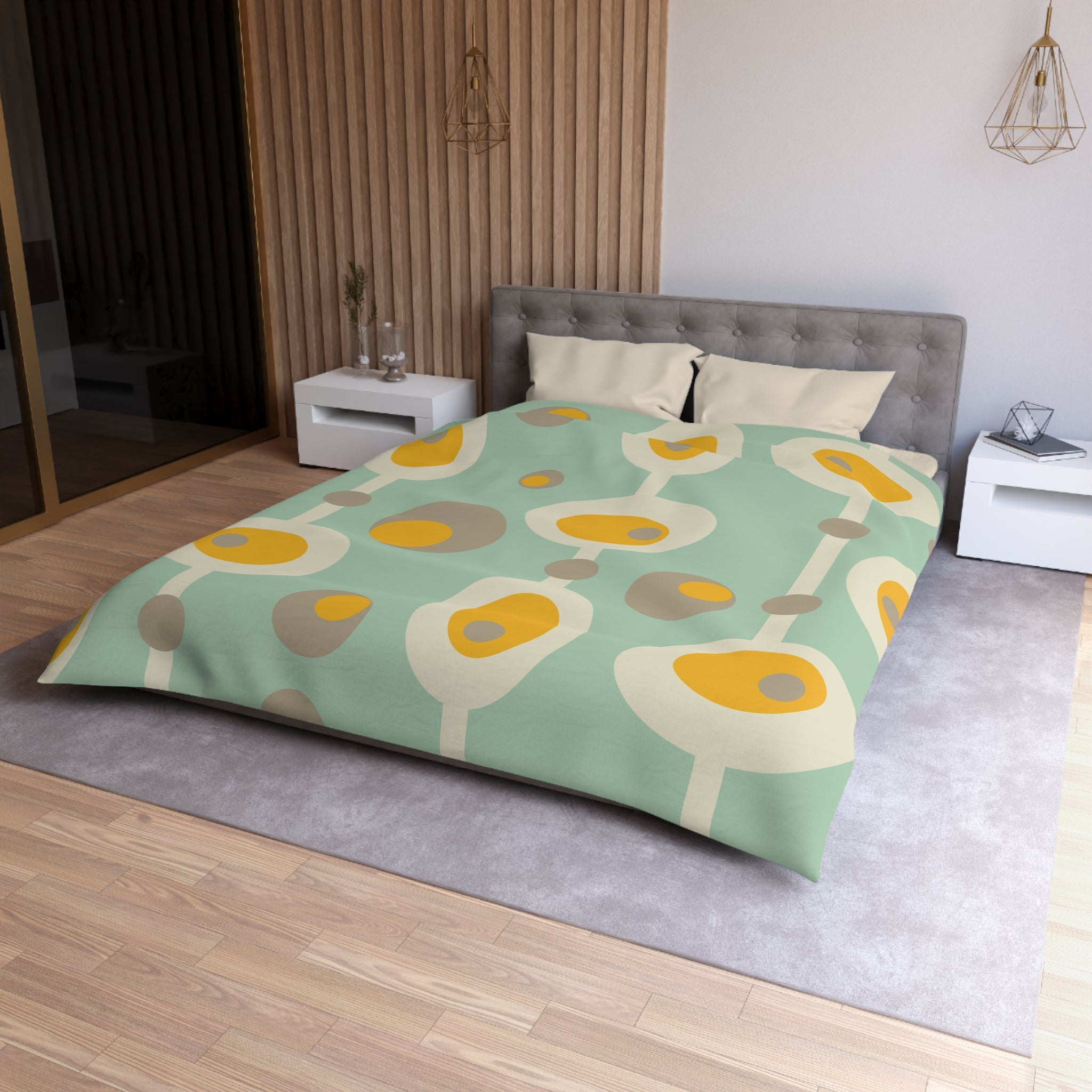 Mid Century Modern Bedding, Mustard Yellow, Gray, Creamy Beige Orbs, Mint MCM Retro Groovy Duvet Bedding Cover - Mid Century Modern Gal