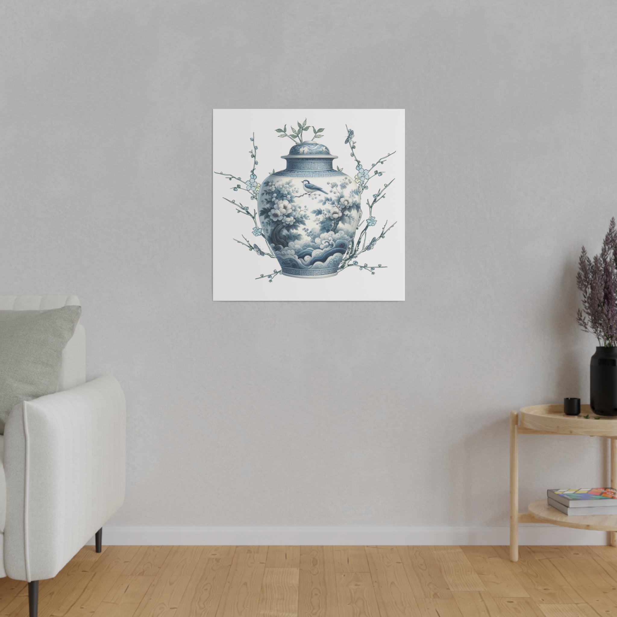 Chinoisiere Wall Art, Ginger Jar, Florals, Birds, Southern Elegance, Matte Canvas - Mid Century Modern Gal