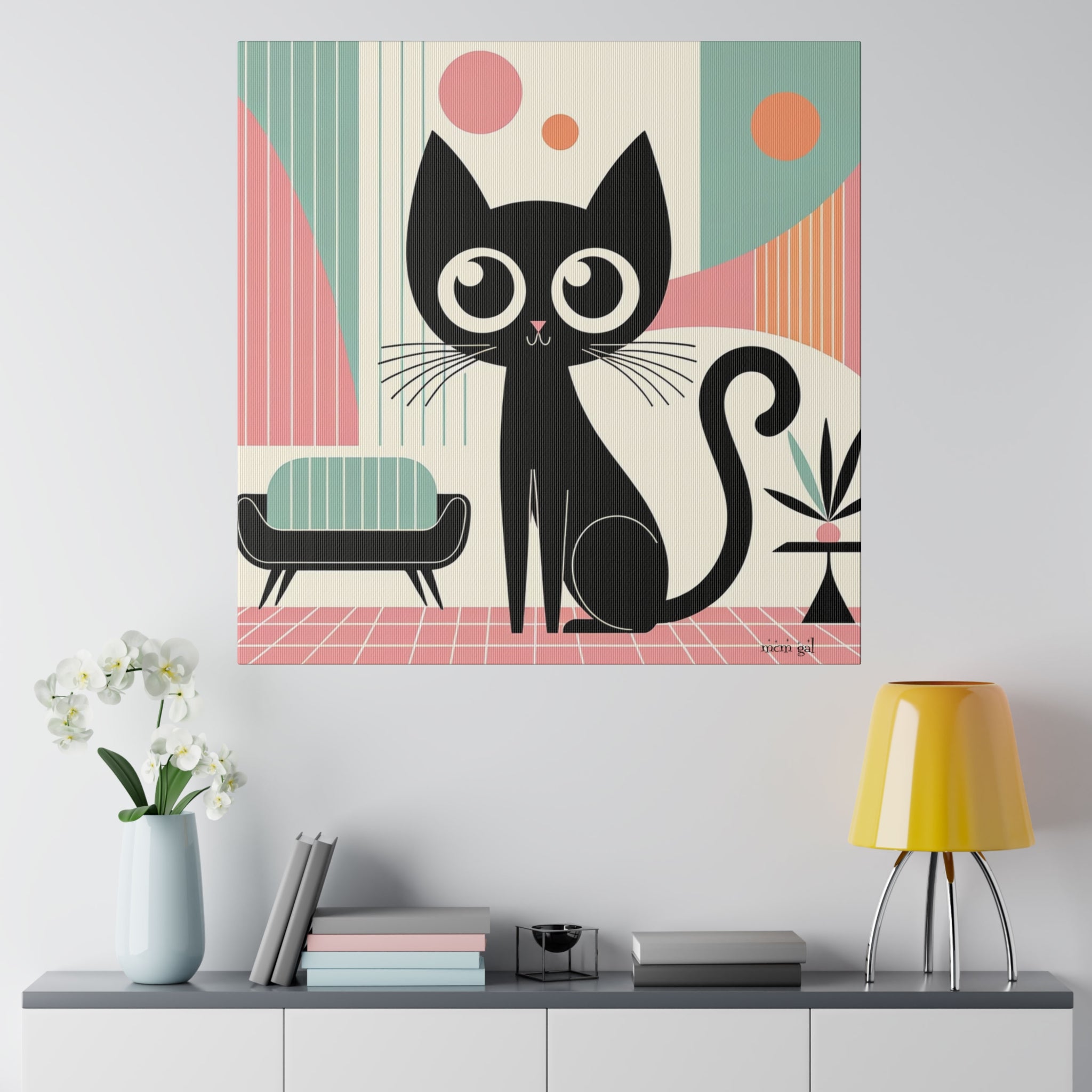Mid Century Modern Atomic Kitty Cat, Pink, Kitschy Mod Matte Canvas - Mid Century Modern Gal
