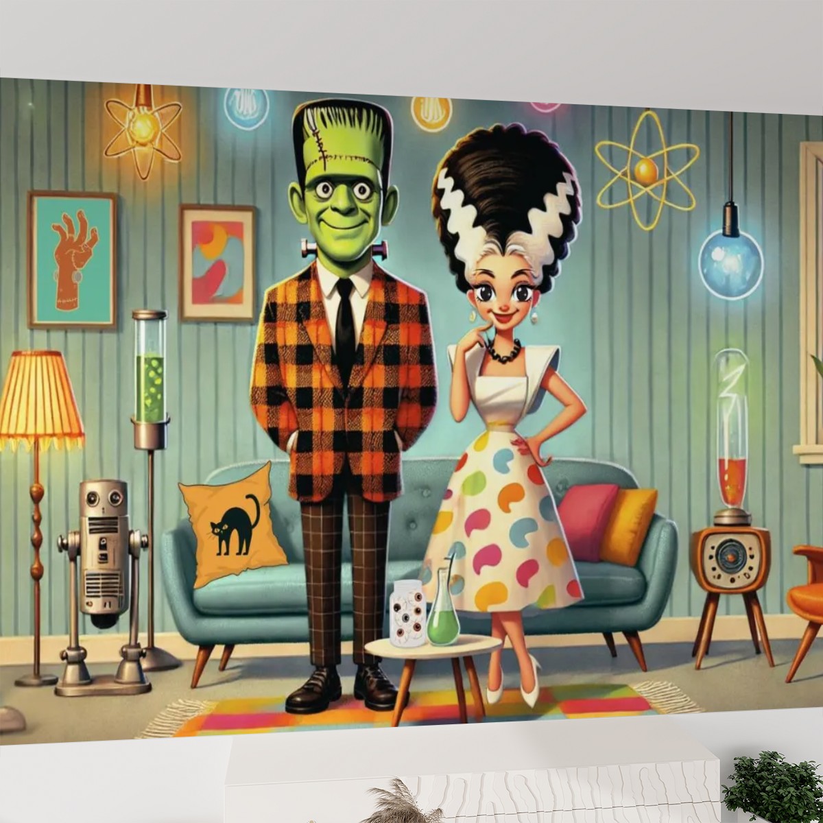 Retro Frankenstein And Bride Kitschy Mod Peel And Stick Wallpaper - Mid Century Modern Gal