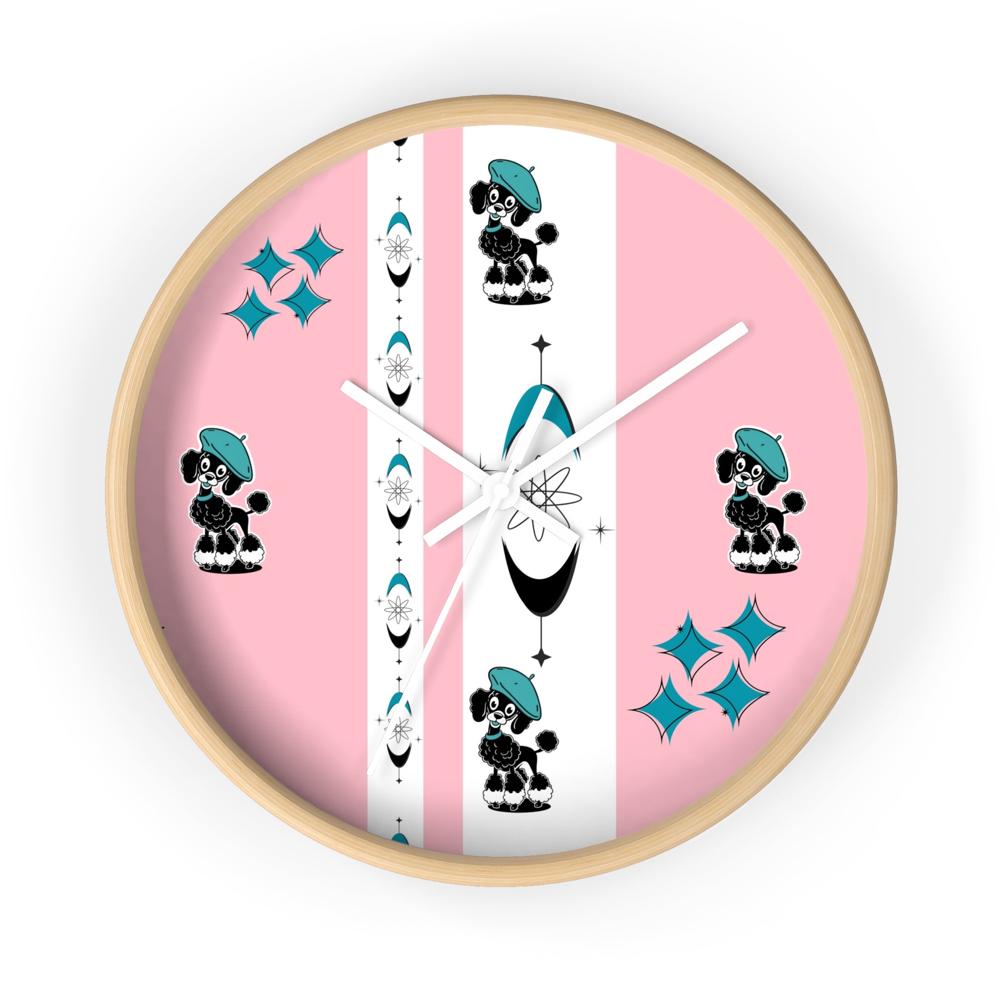 Mid Century Modern Atomic Pink Starburst Wall Clock with Cute Retro Mod Poodle Design - Mid Century Modern Gal