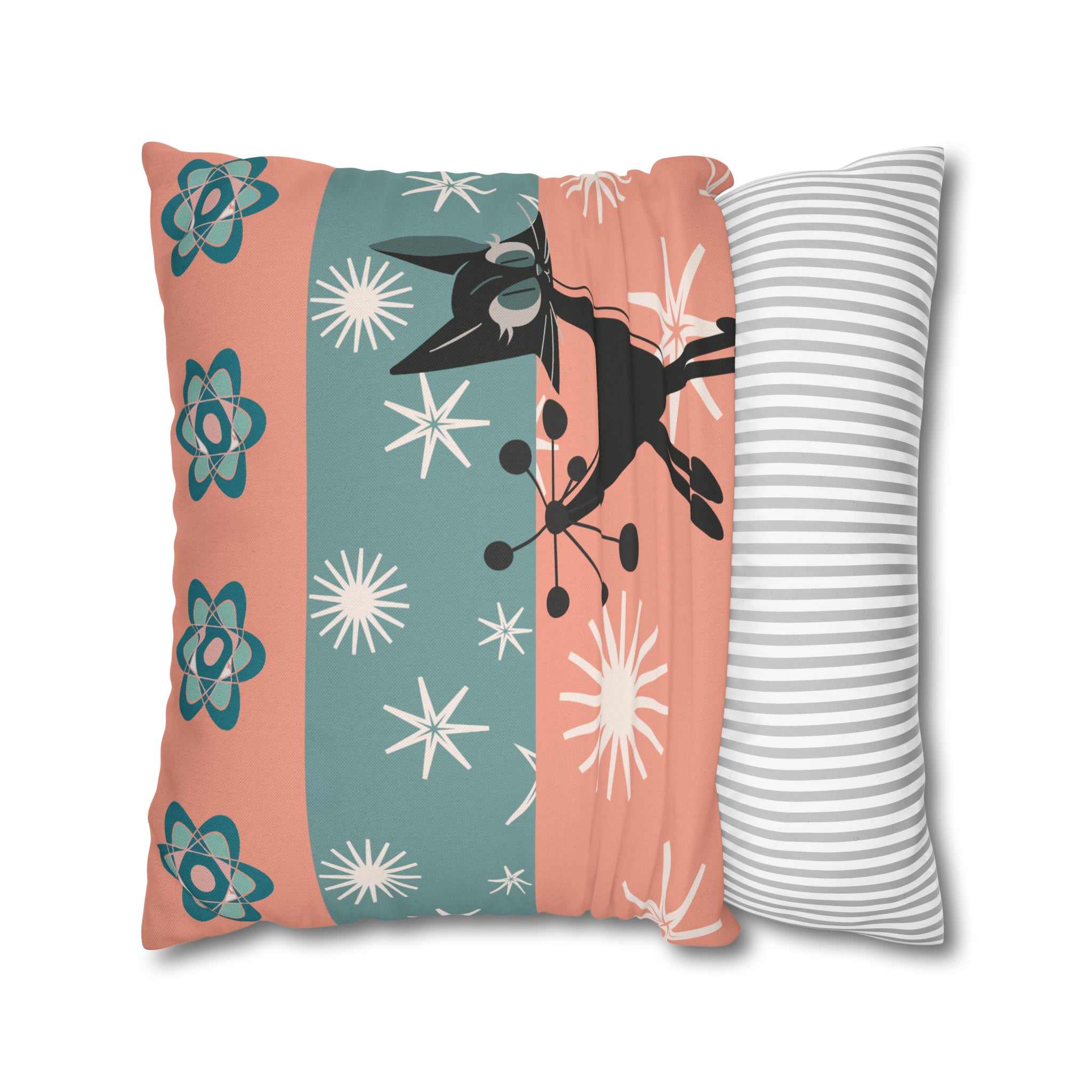 Atomic Kitschy Kittie, Black Cat Lover, Mid Century Modern Boomerang, Retro Coral, Teal, Starburst, 50s Pillow Case Cover - Mid Century Modern Gal