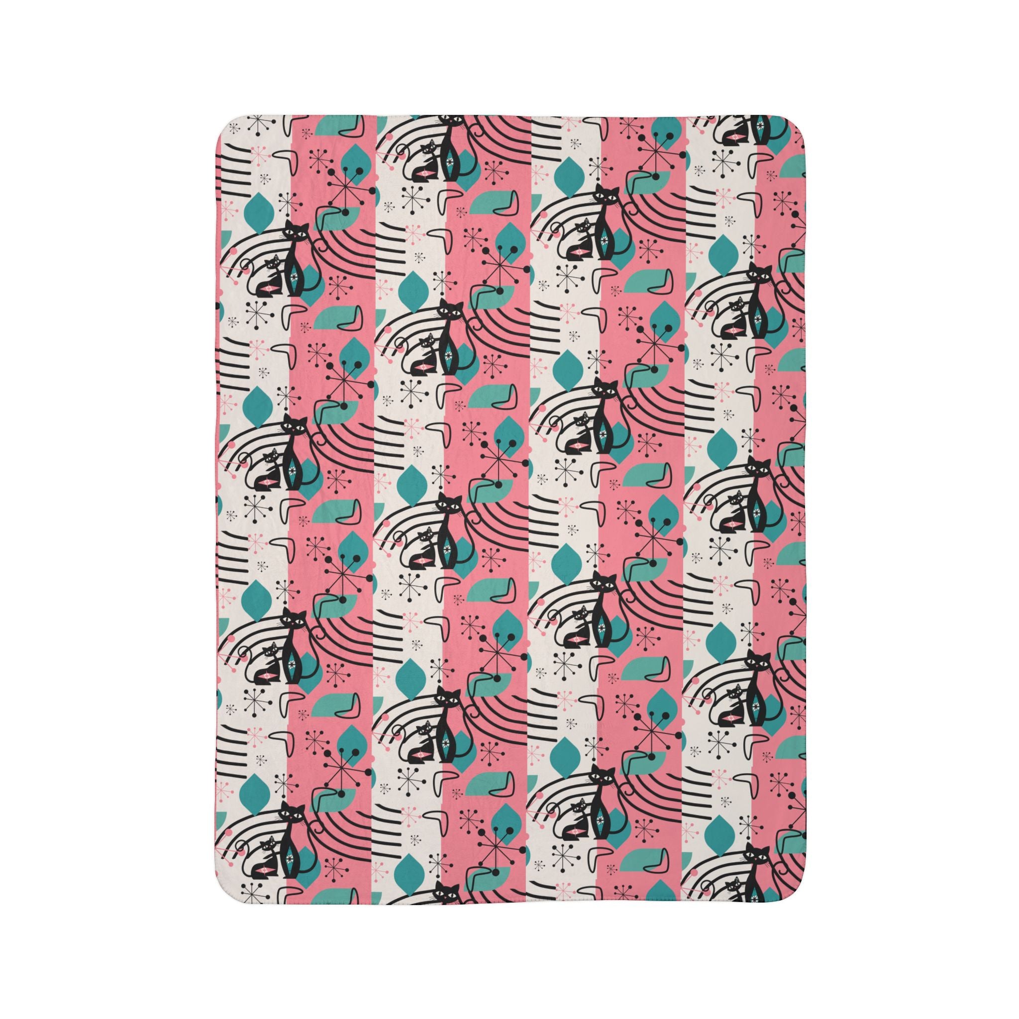 Mid-Century Modern Atomic Cat Pink Teal Retro Cat Fleece Sherpa Blanket - Cozy & Stylish - Mid Century Modern Gal