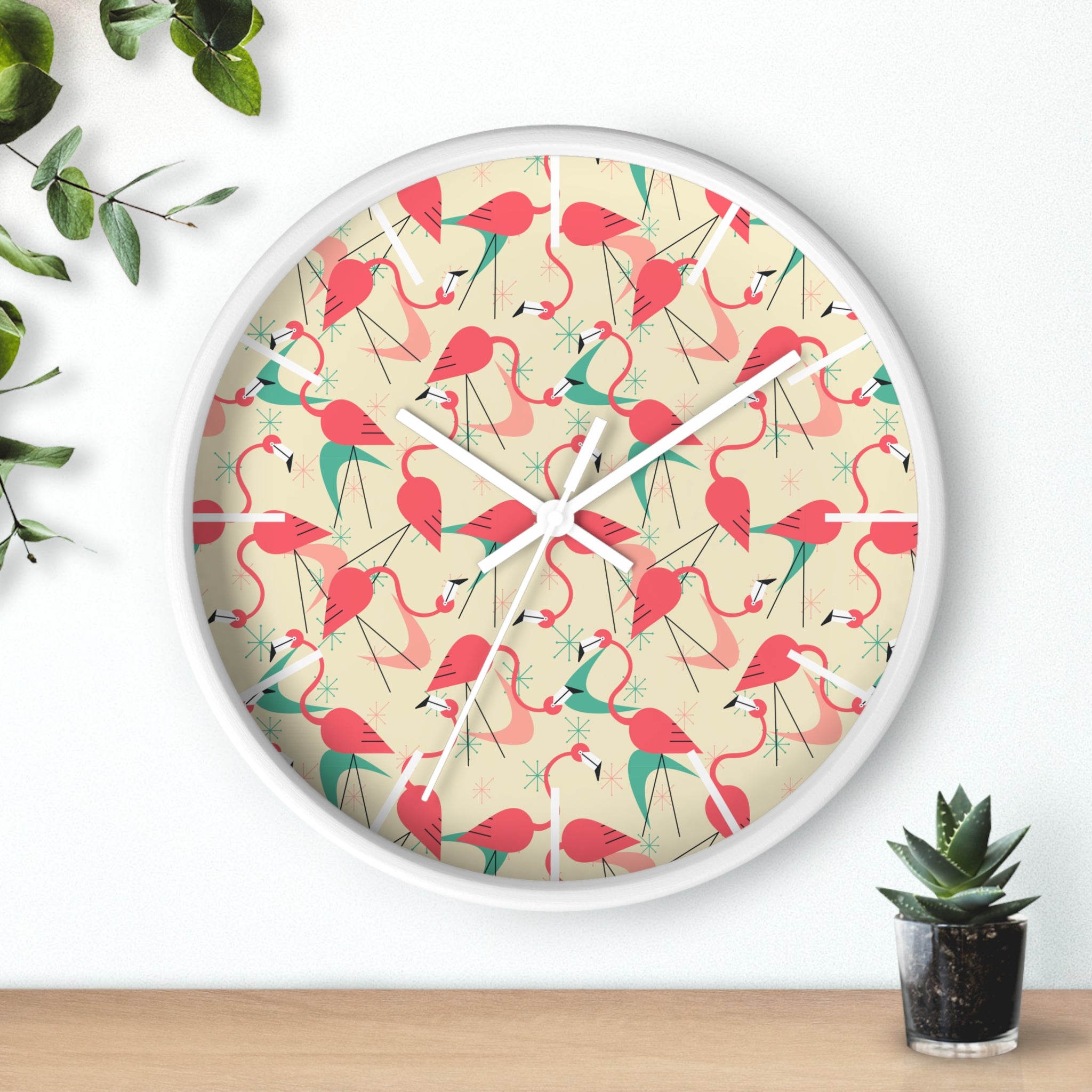 Mid Century Modern Flamingo Wall Clock, Kitschy Quirky Dancing Flamingos Fun Home Decor for Retro Summer Vibes - Mid Century Modern Gal