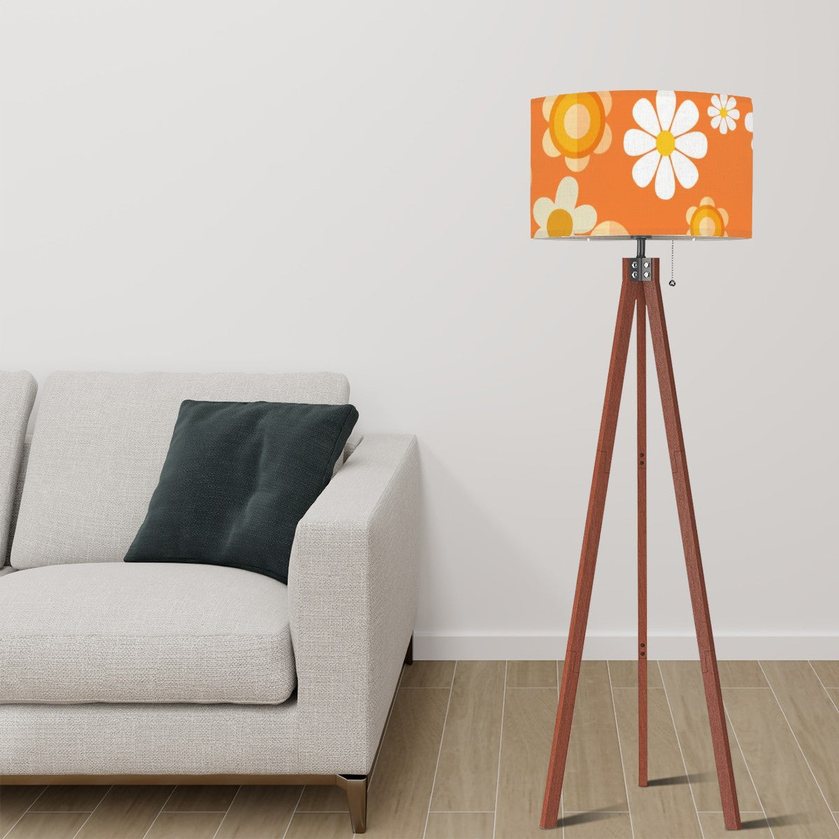 1970s Flower Power Retro Orange White Mod Daisy Tripod Floor Lamp - Mid Century Modern Gal