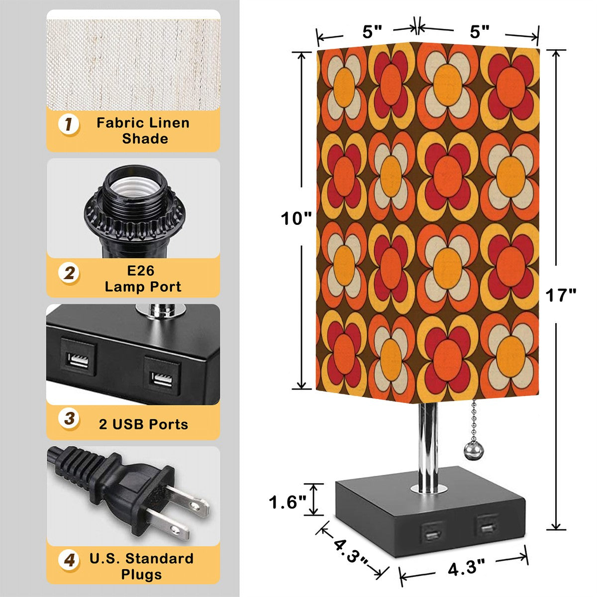 Retro Flower Orange Brown Yellow Red, Mod Floral Square Table Lamp - Mid Century Modern Gal