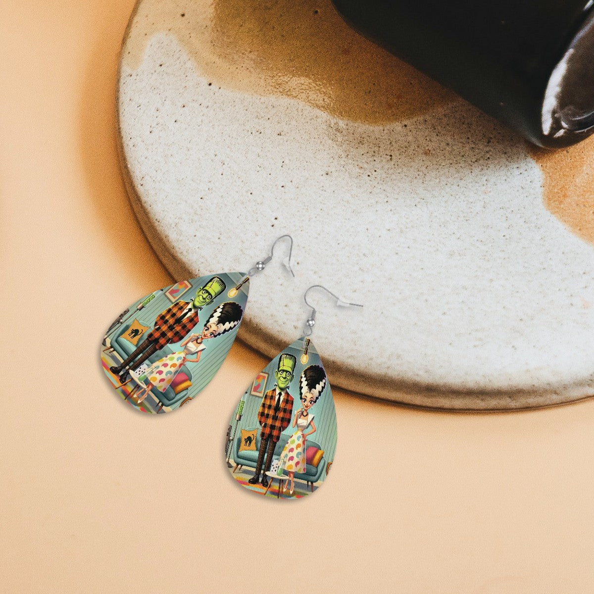 Frankenstein And Bride Kitschy Mod Retro Faux Leather Teardrop Earrings - Mid Century Modern Gal