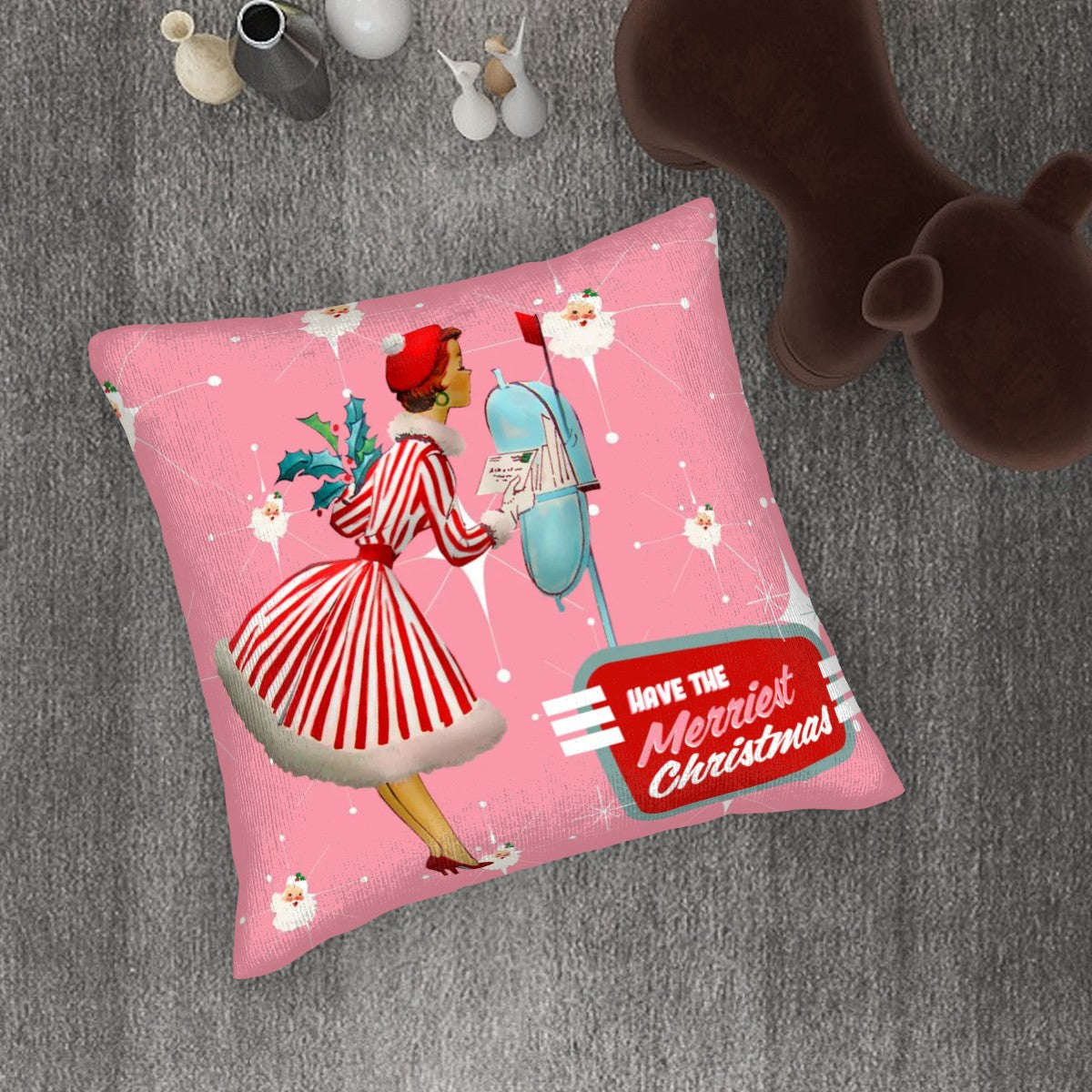Mid Century Modern Christmas Pillow, Atomic Pink, Mod Gal Kitschy Pillow Covers - Mid Century Modern Gal