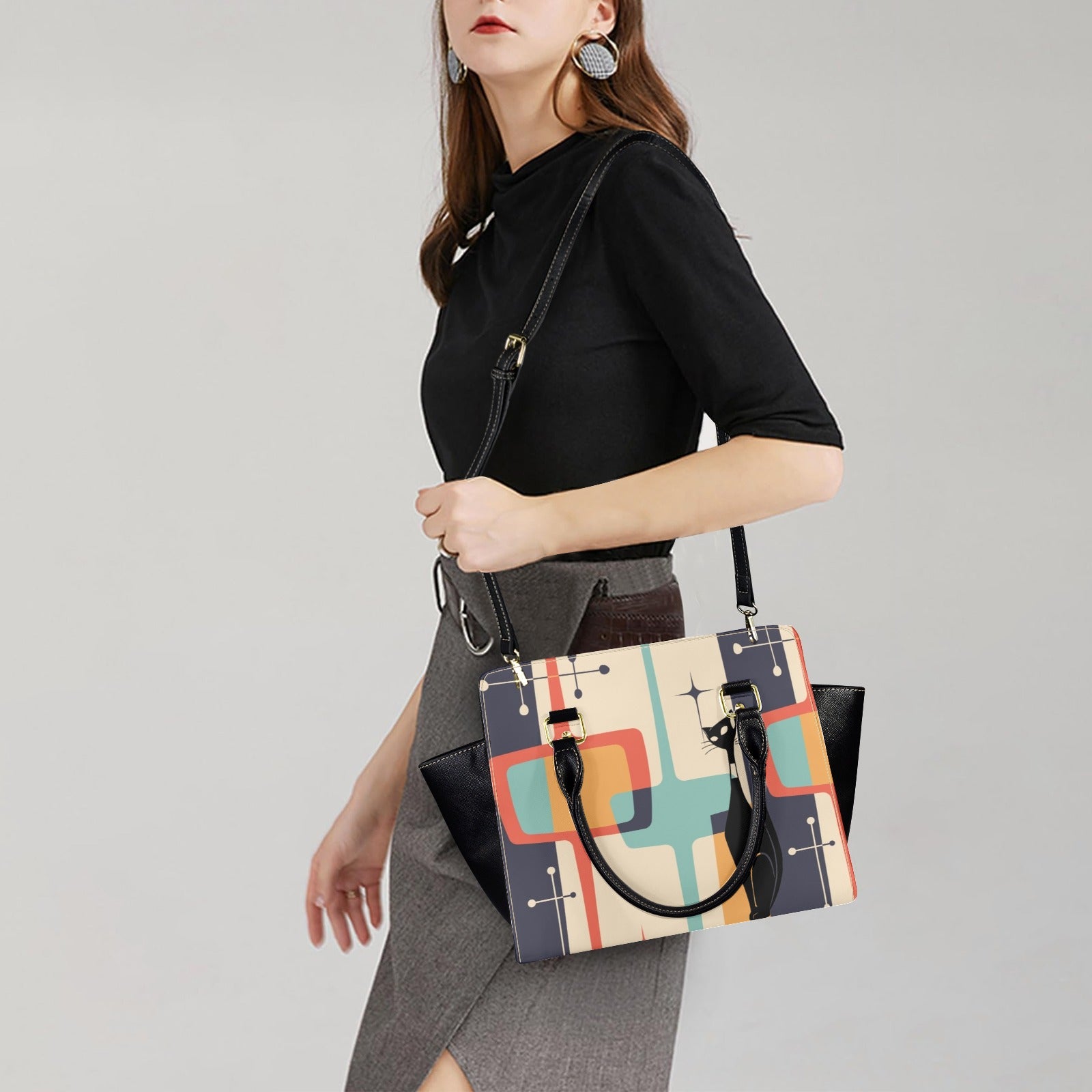 Atomic Cat Mid Mod Geometric Designed Rivet Shoulder, Handbag - Mid Century Modern Gal