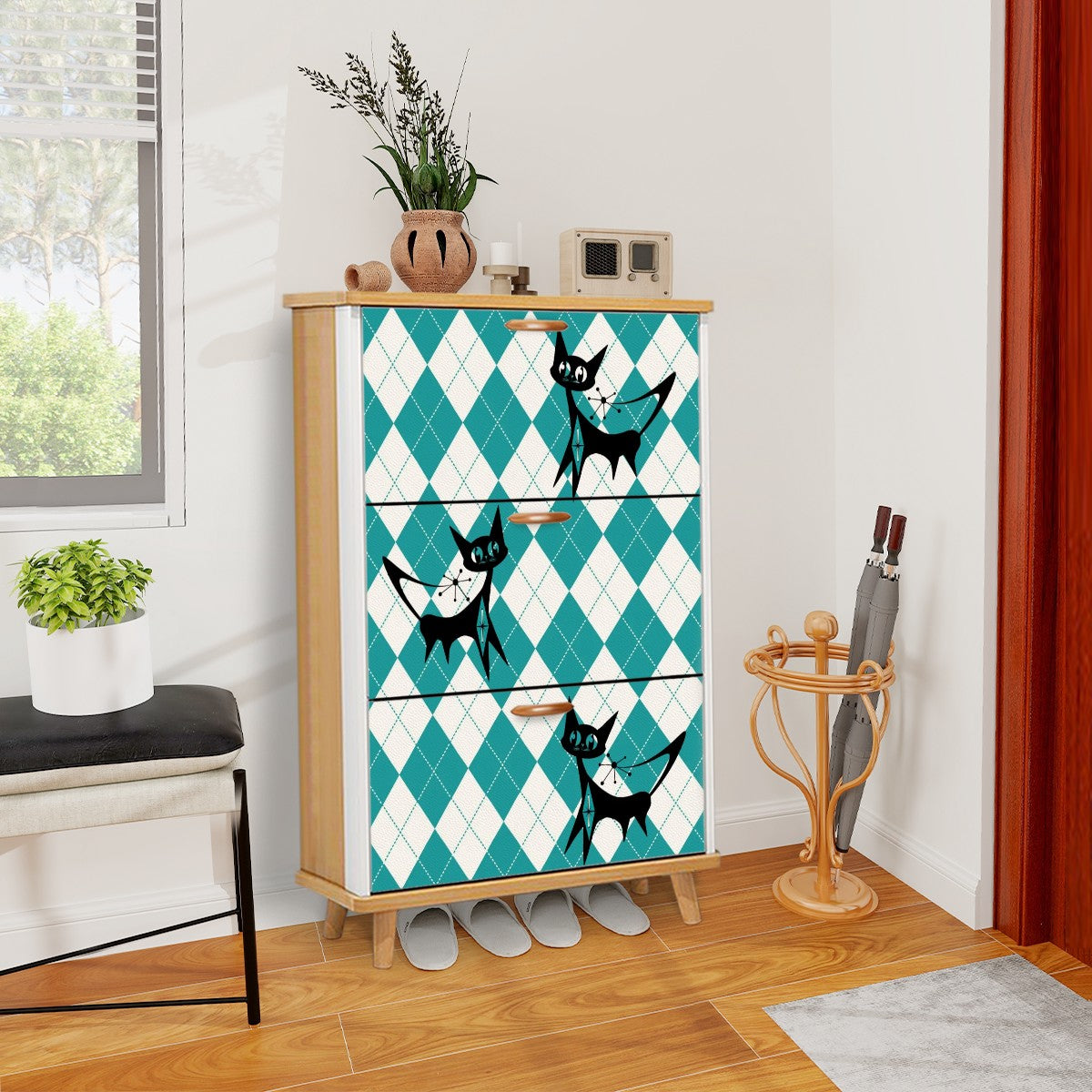 Retro Mid Century Modern Atomic Kitschy Cats, Argyle Pattern Mod Shoe Cabinet - Mid Century Modern Gal