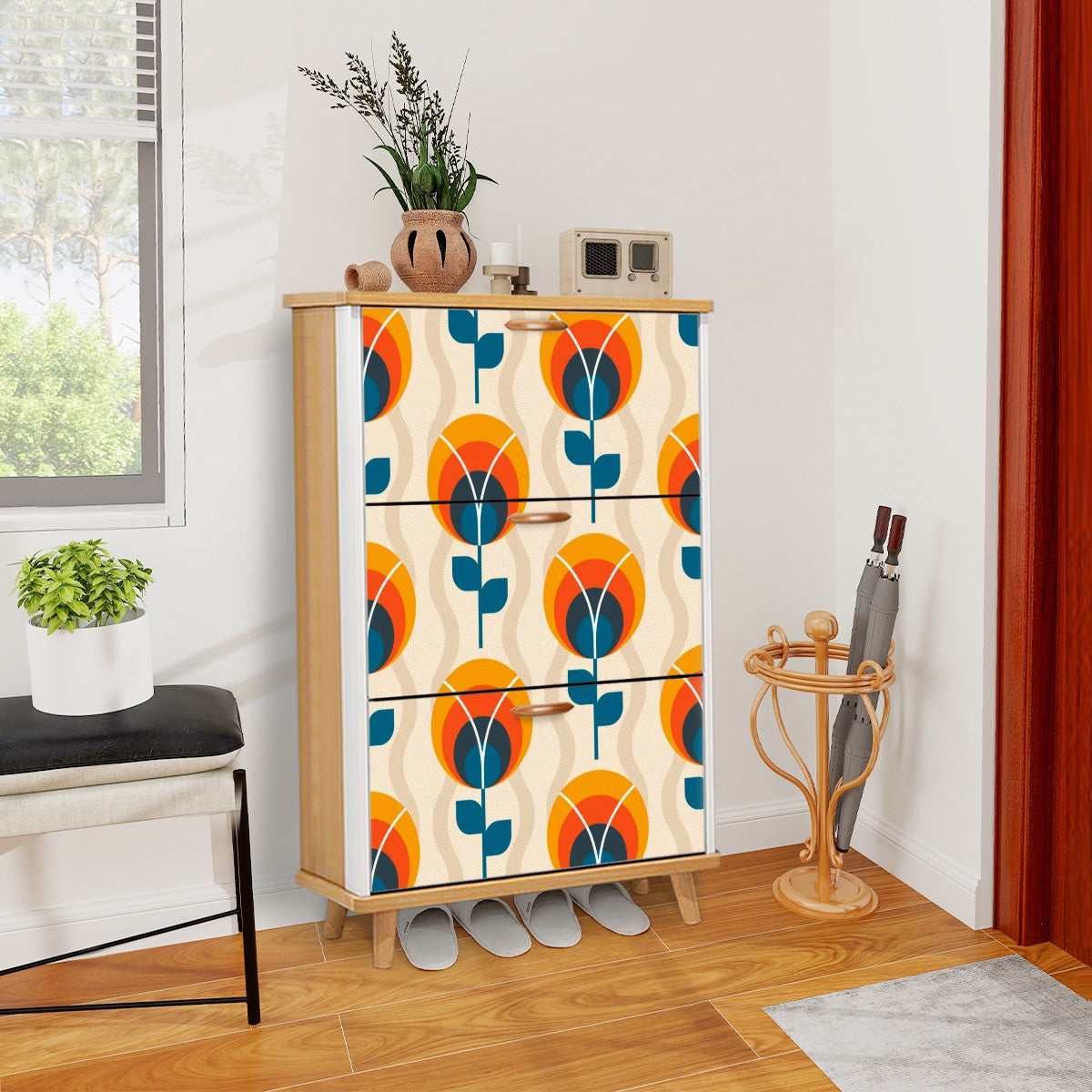 Scandinavian Designed Mid Century Modern Shoe Organizer, Orange Blue Floral Design - Mid Century Modern Gal