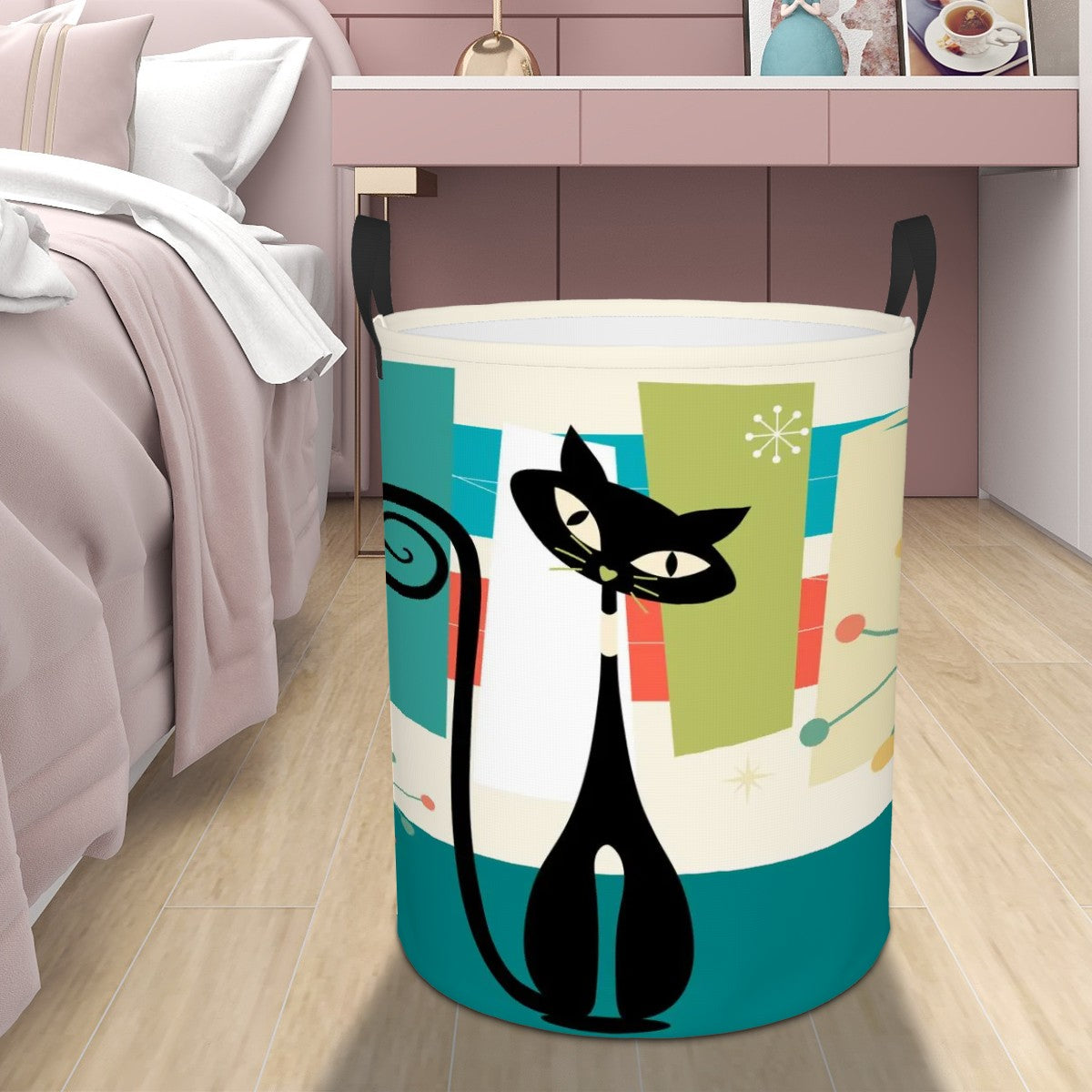 Atomic Kitschy Retro Cat Storage Circular Laundry Basket - Mid Century Modern Gal