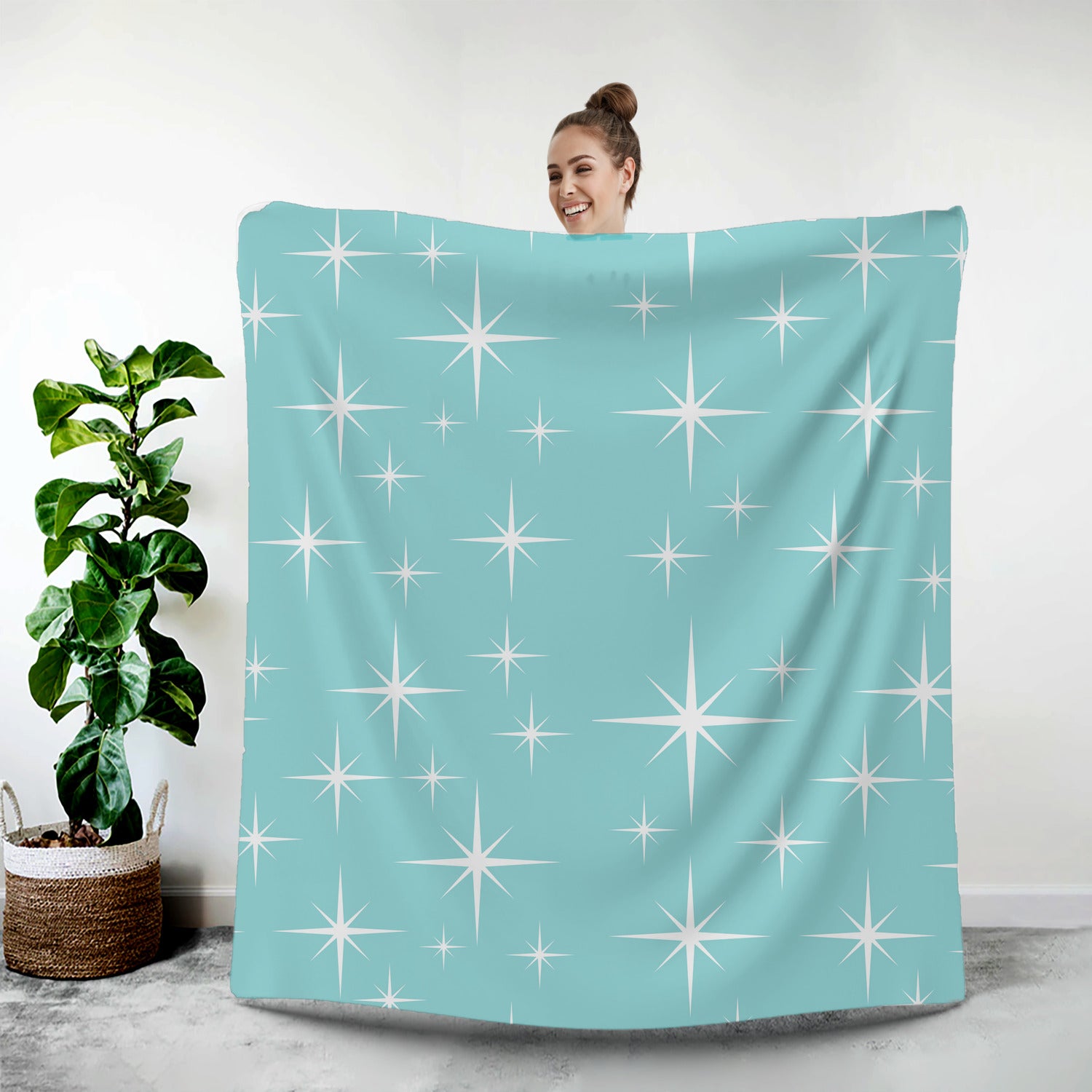 Atomic 50s Aqua Blue Starburst, Mid Century Modern Minky Blanket - Mid Century Modern Gal