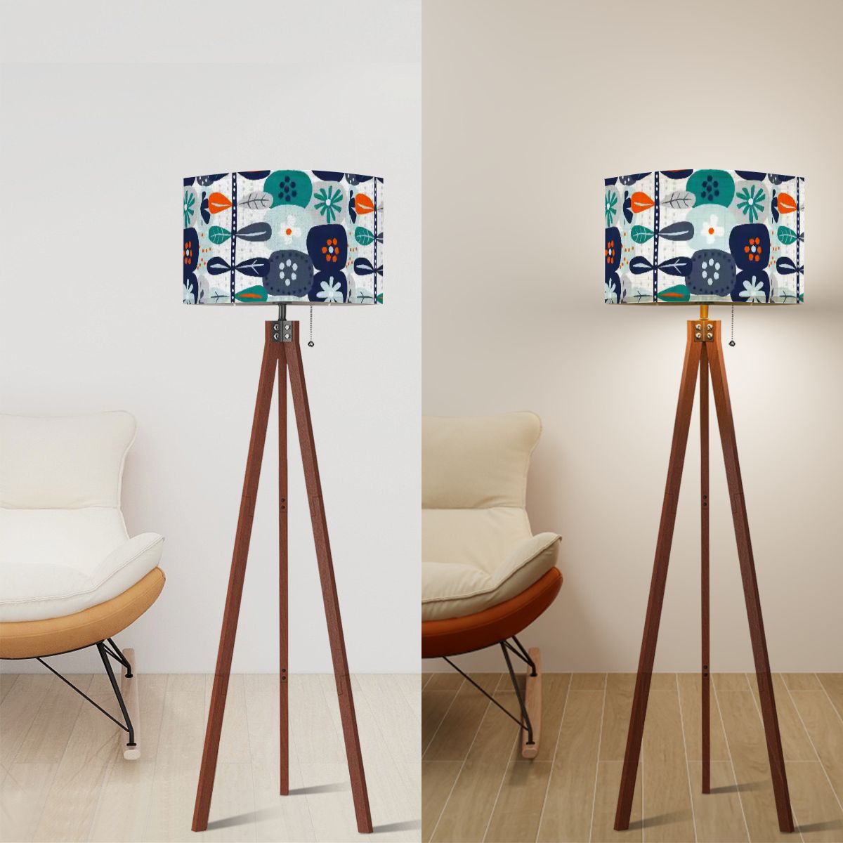 Scandinavian Floral Blue, Orange Modern Danish Nordic Hyggee Mid Century Modern Tripod Lamp - Mid Century Modern Gal