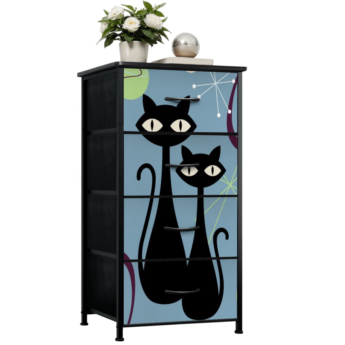 Atomic Cat Kitschy Fun Blue Boomerang Design Modern 4-Drawer Dresser - Mid Century Modern Gal