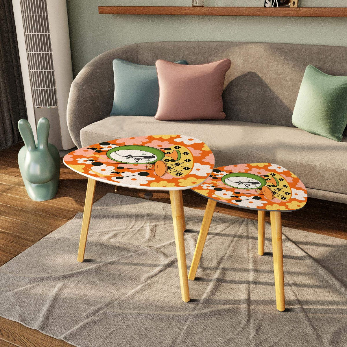 Mid Century Modern Nesting Tables Retro Orange Groovy Flowers Adorned With Atomic Martini Cat Design - Mid Century Modern Gal
