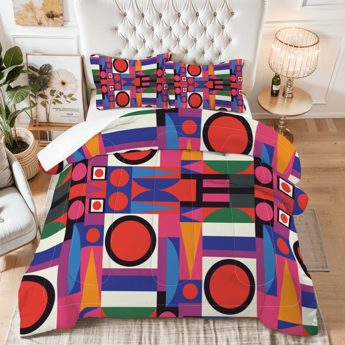 Mid Century Modern Bauhaus Designed Geometric Red, Blue Yellow Green MCM King Comforter Set - Mid Century Modern Gal