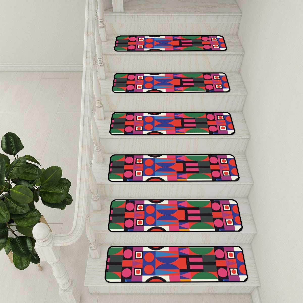 Mid Century Modern Bauhaus Geometric Red, Green Black, Mod Non Slip Carpet for Stairs Treads - Mid Century Modern Gal