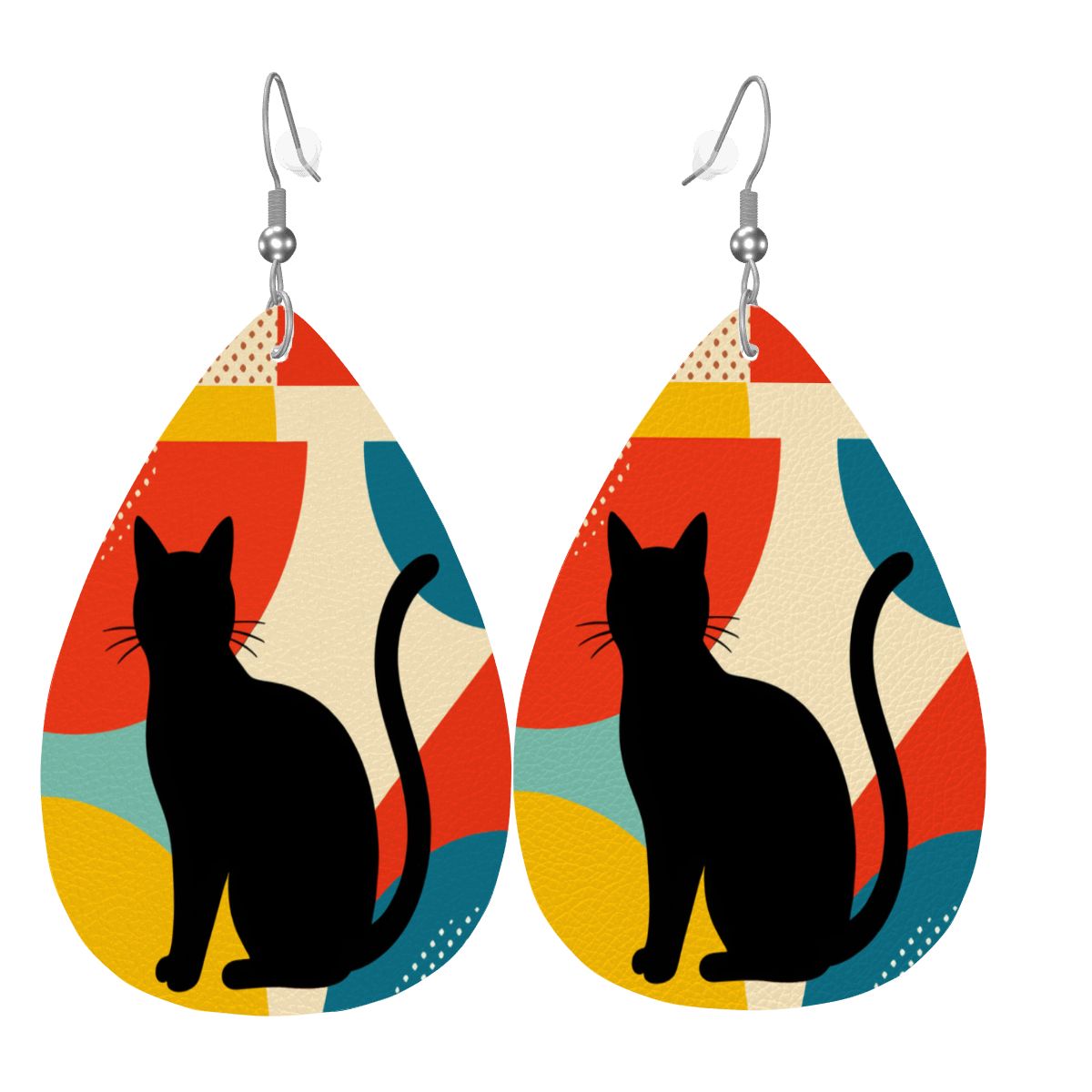 Pop Art Black Atomic Cats, Red Blue Yellow, Vegan Leather Teardrop Earrings - Mid Century Modern Gal