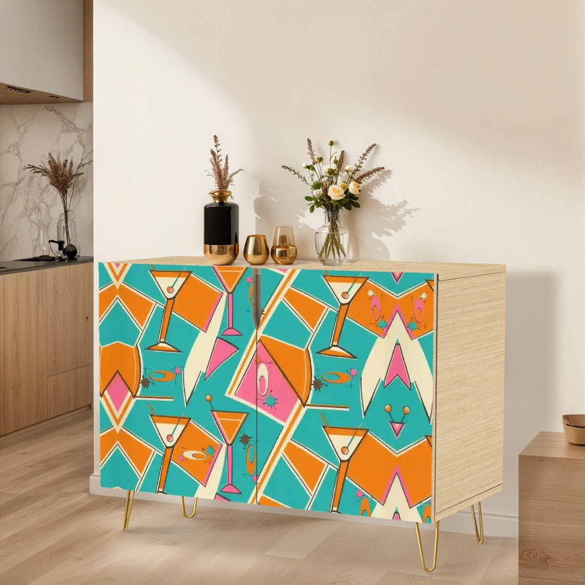 Mid Century Modern Barware Cabinet, Kitschy Mod Orange, Teal, Hot Pink Sideboard Credenza - Mid Century Modern Gal