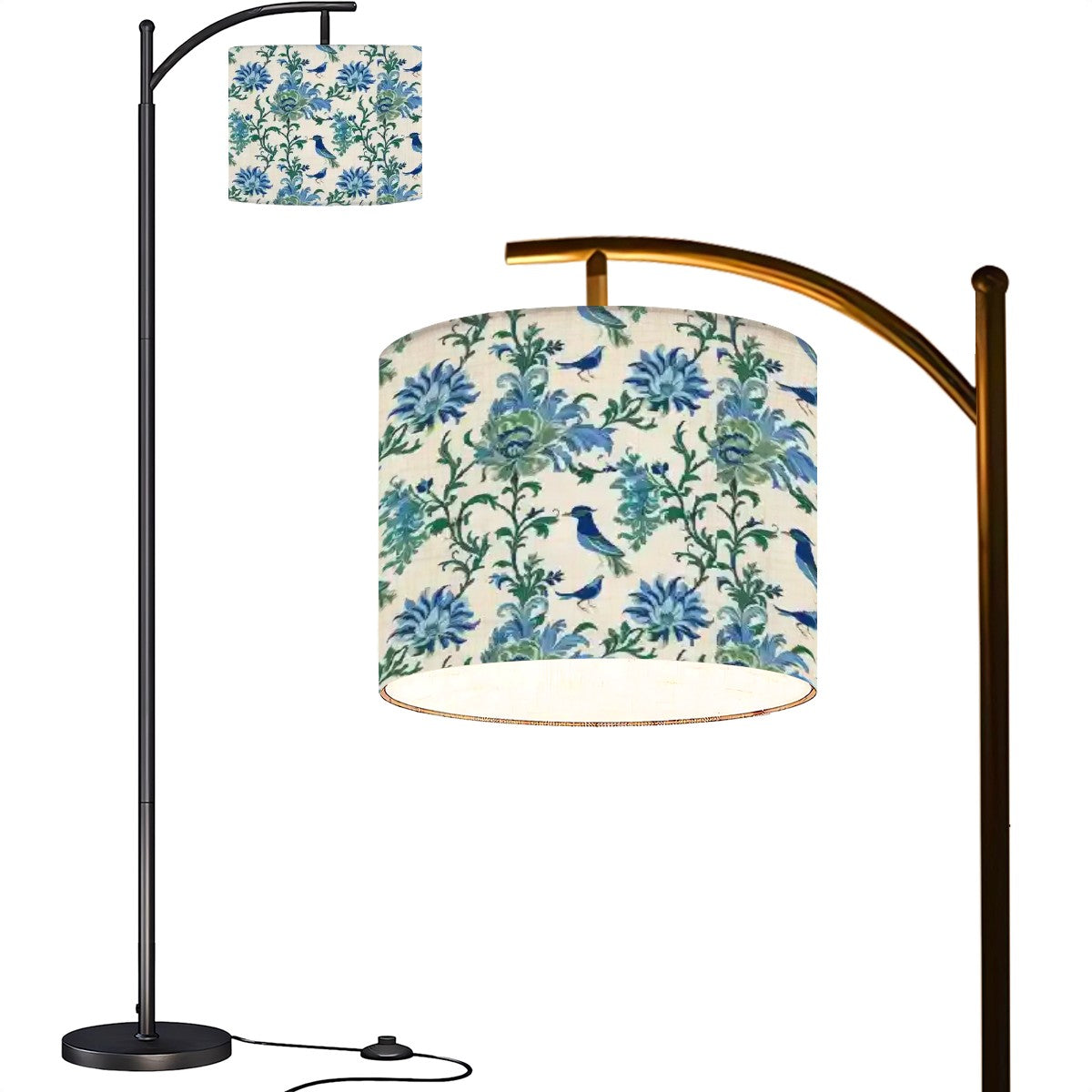 Chinoiserie Botanical Garden Birds, Blue, Green Asian Inspired Modern Arc Floor Lamp - Mid Century Modern Gal
