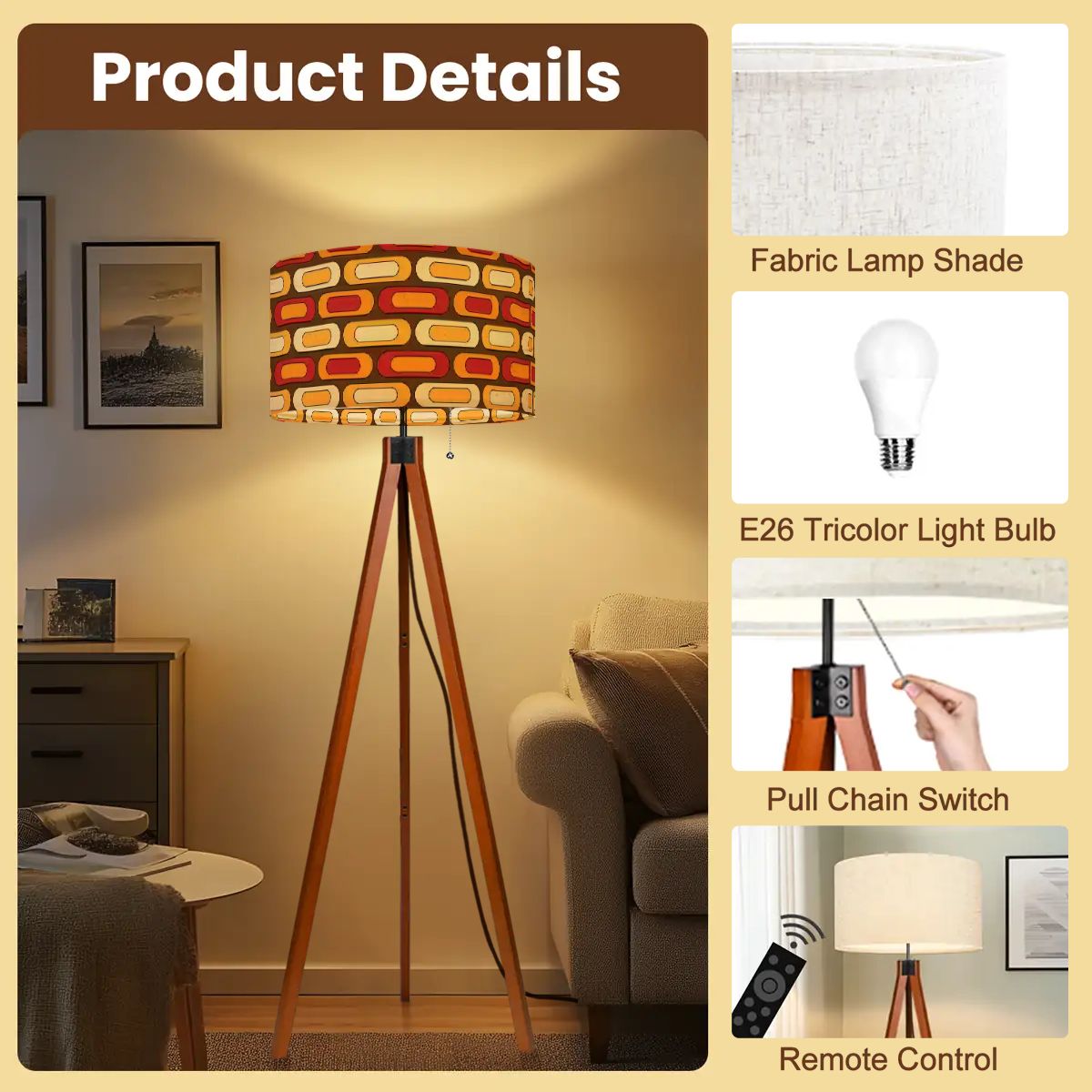 Retro Floor Tripod Lamp, Geometric Designed Orange, Yellow Brown Mid ModTripod Floor - Mid Century Modern Gal
