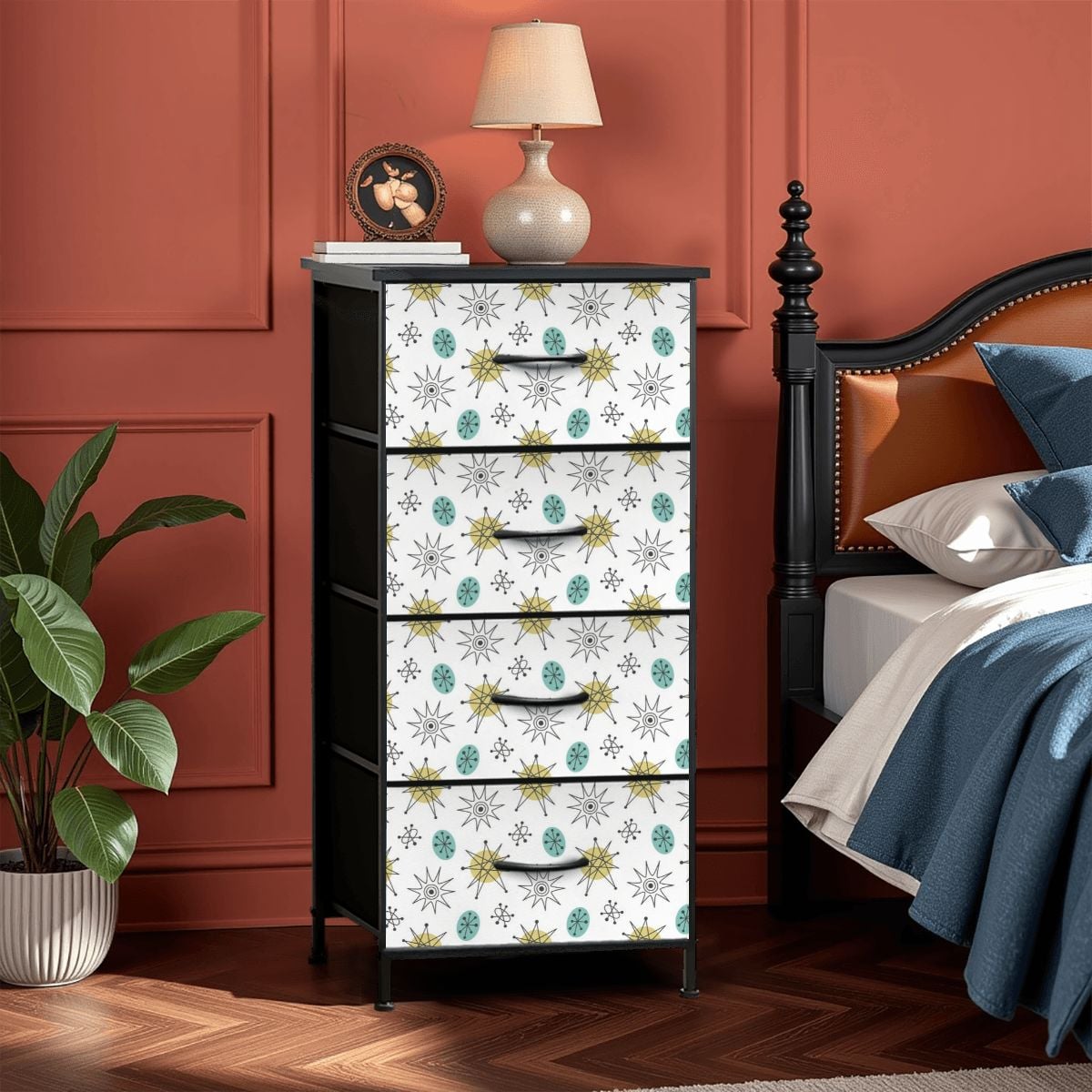 Mid Mod Minimalist, Franciscan Starburst White, Blue, Green Starburst 4-Drawer Dresser - Mid Century Modern Gal