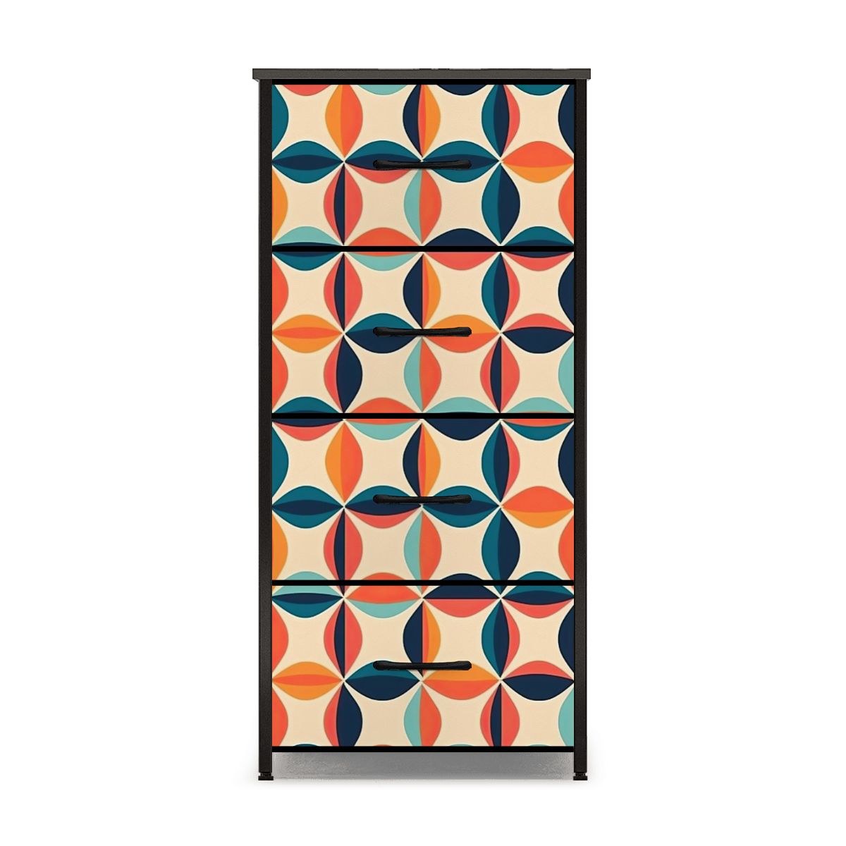 Mid Century Modern Scandinavian Blue, Orange, Teal 60s Geometric Pattern 4-Drawer Dresser - Mid Century Modern Gal