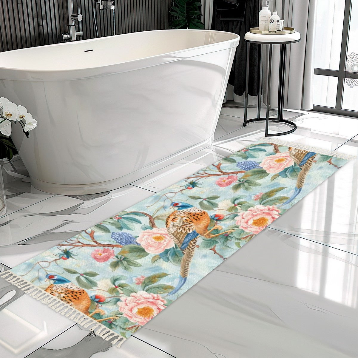 Chinoiserie Floral Pheasant Modern Runner Rug With Tassel Edges - Mid Century Modern Gal