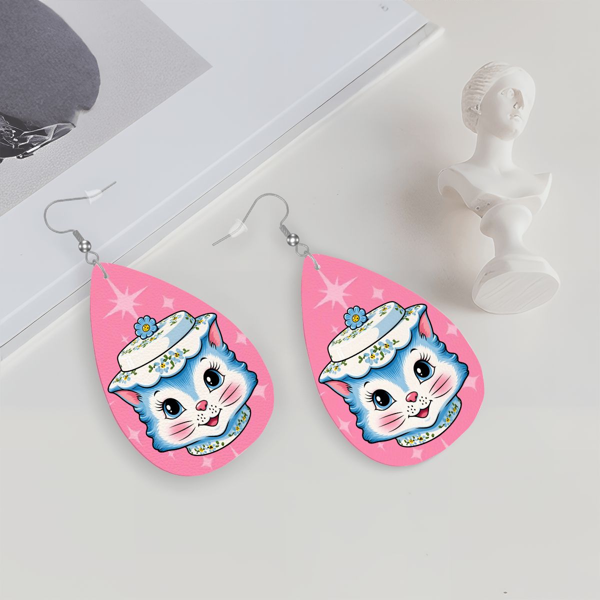 Mid Century Modern Kitschy Anthropomorphic Blue Cat with Floral Hat Vegan Leather Teardrop Earrings