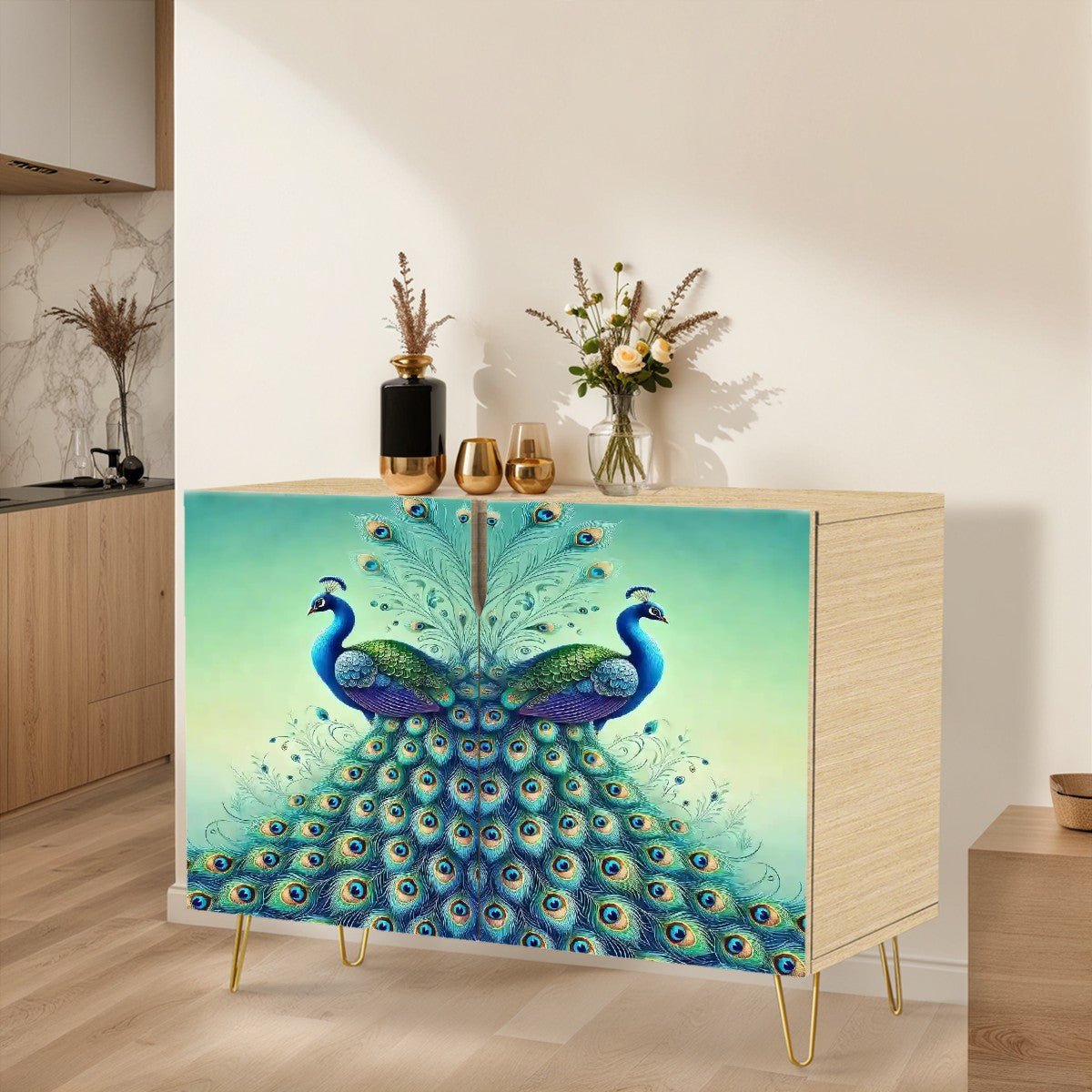 Floral Peacock Watercolor Designed Wooden Storage Cabinet - Mid Century Modern Gal