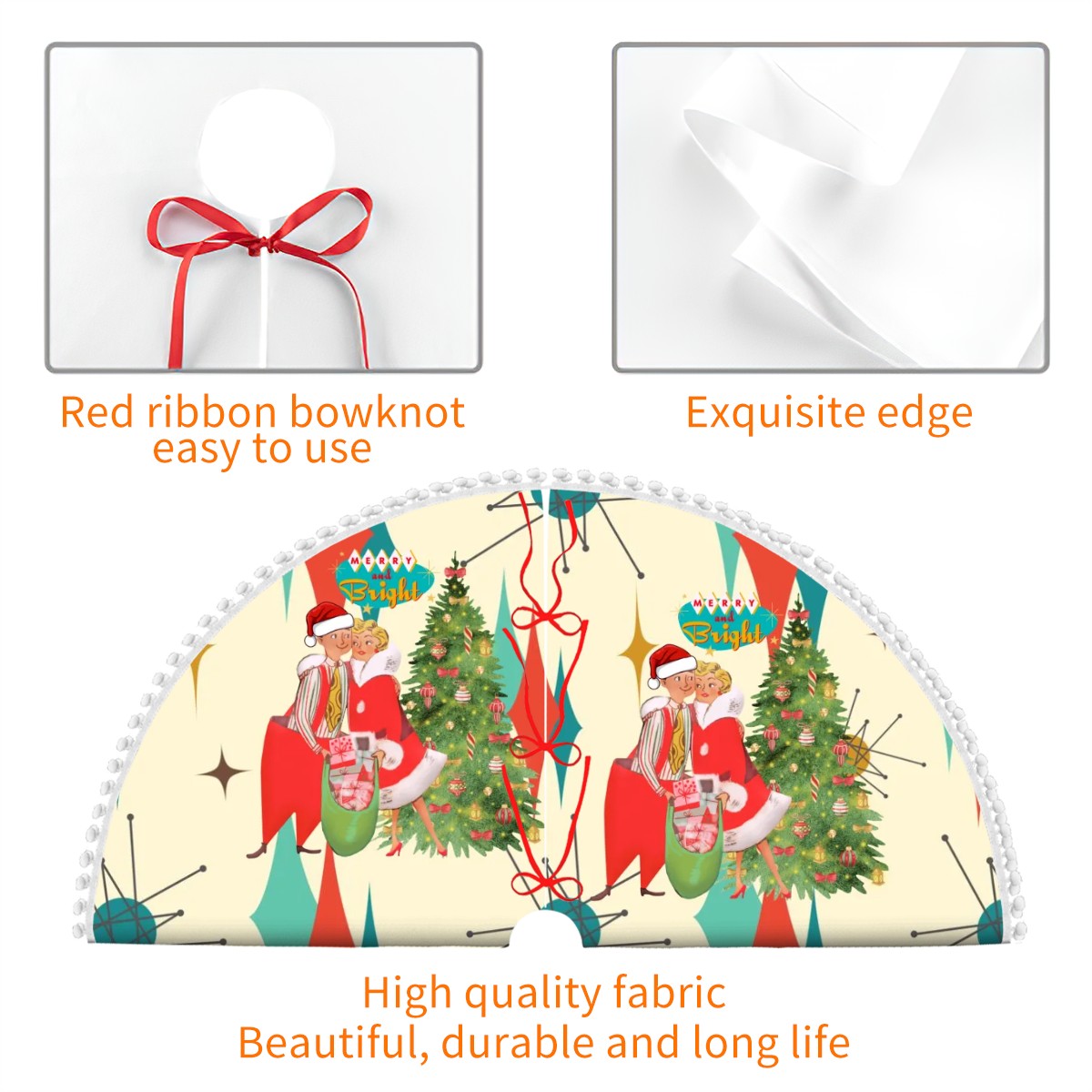 Mid Century Modern Kitschy Retro VIntage Christmas Tree Skirt With Pom Poms - Mid Century Modern Gal