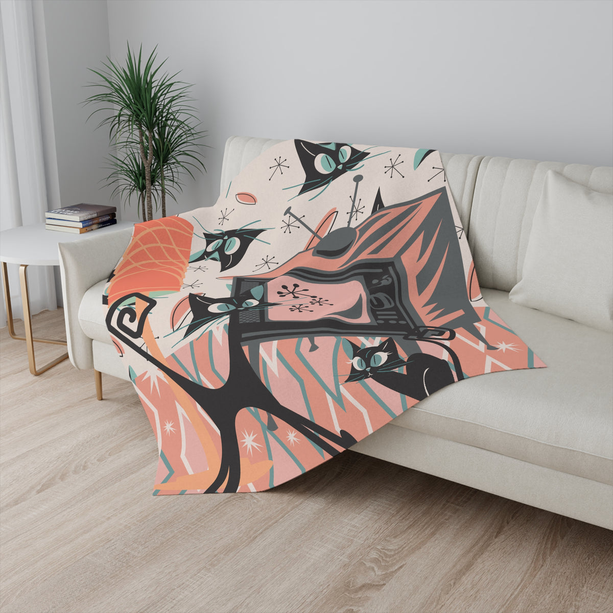 Atomic Cat Blanket, Mid Century Modern Diamond Pattern, Kitschy Cats, Whimsical Quirky Cozy Cat Lover Blanket - Mid Century Modern Gal