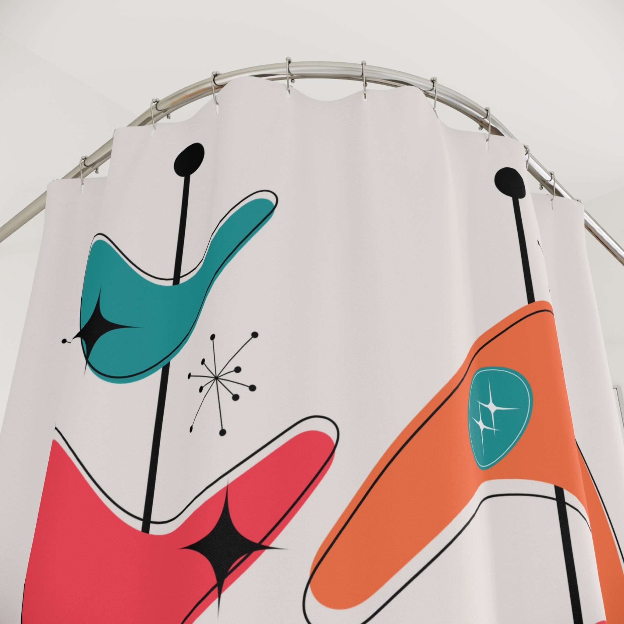 Mid Century Modern Shower Curtain, Atomic Boomerang, Starburst Space Age Decor - Mid Century Modern Gal