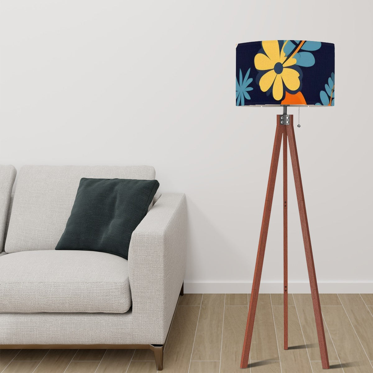 Royal Blue Boho Floral Retro Mod Tripod Floor Lamp - Mid Century Modern Gal