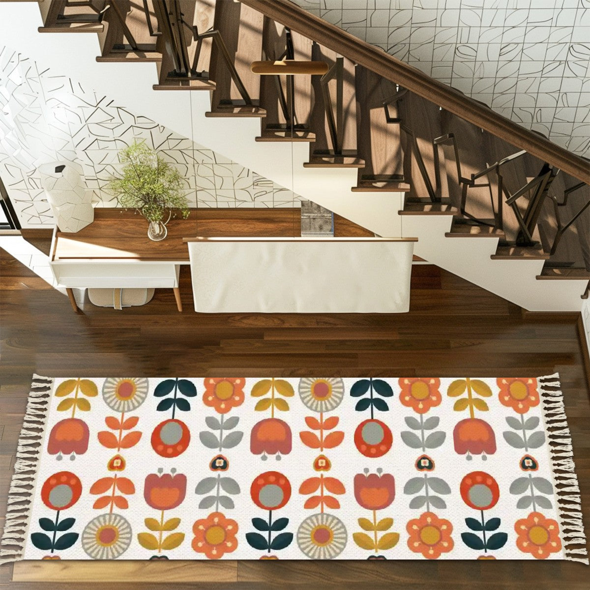 Retro Scandinavian Mod Flower Pop Of Color, Boho Runner Rug with Tassels - Mid Century Modern Gal