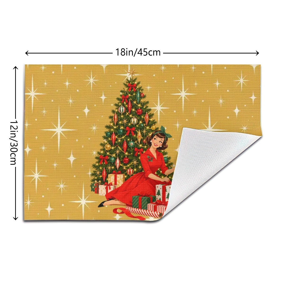 Mid Century Modern Christmas Glamour Gal Wrapping Presents by Tree, Gold Atomic Starbursts Placemat 1pc - Mid Century Modern Gal