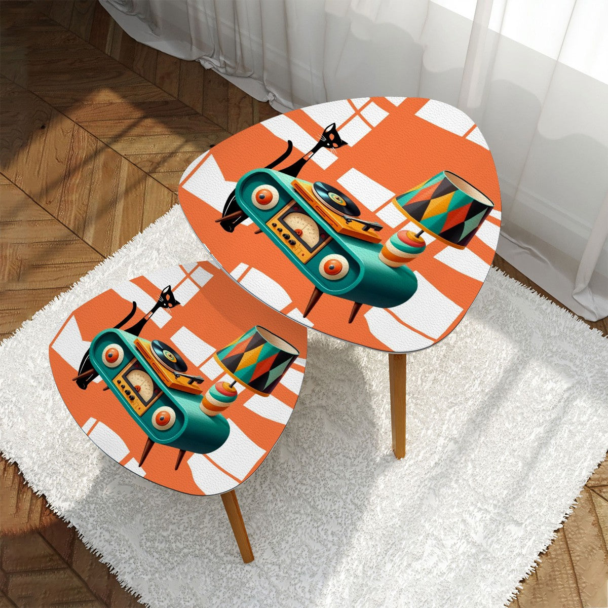 Mid Century Modern Nesting Tables, Atomic Mod Cat, Retro Stereo Console Theme - Mid Century Modern Gal