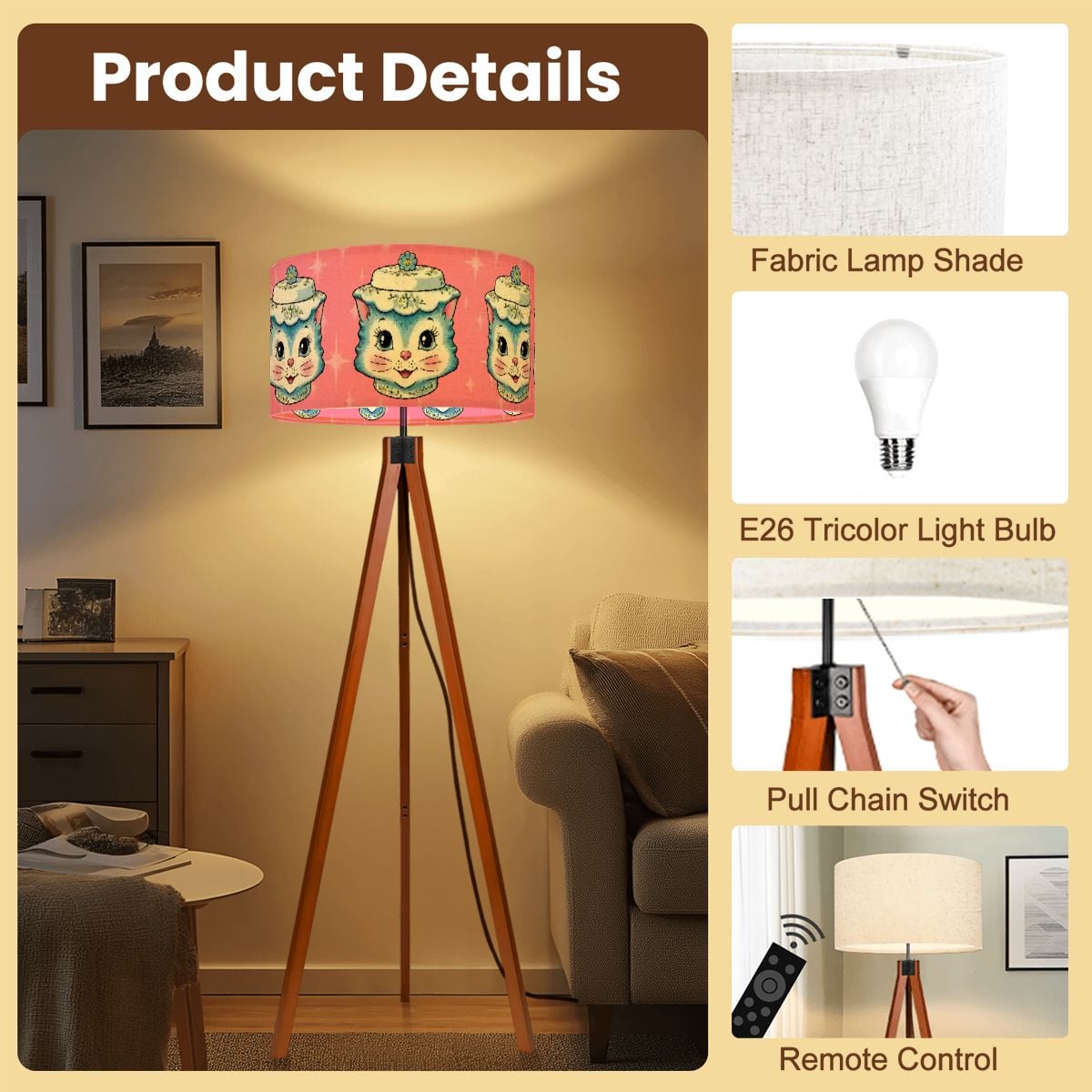 Mid Century Modern Kitschy Anthropomorphic Blue Cat with Floral Hat Tripod Floor Lamp