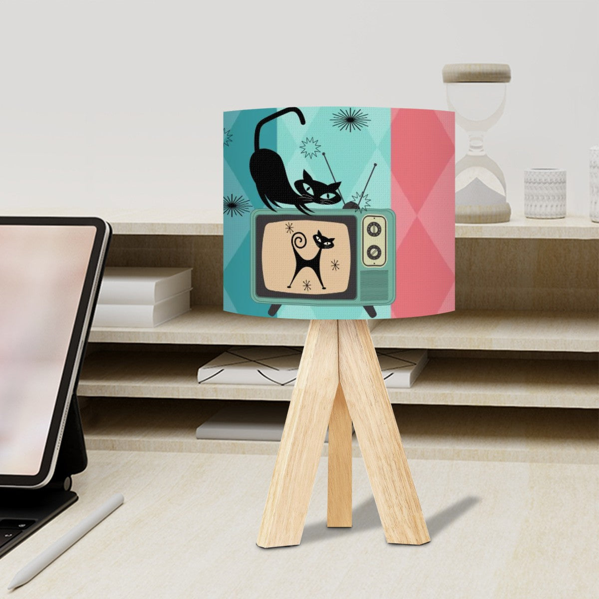 Atomic Cat Kitschy Wooden Tripod Table Lamp - Mid Century Modern Gal