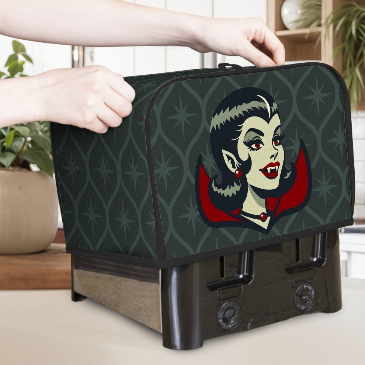 Vampire Dracula Girl Halloween Goth Horror Buff MCM Green 2 Slice Toaster Cover - Mid Century Modern Gal