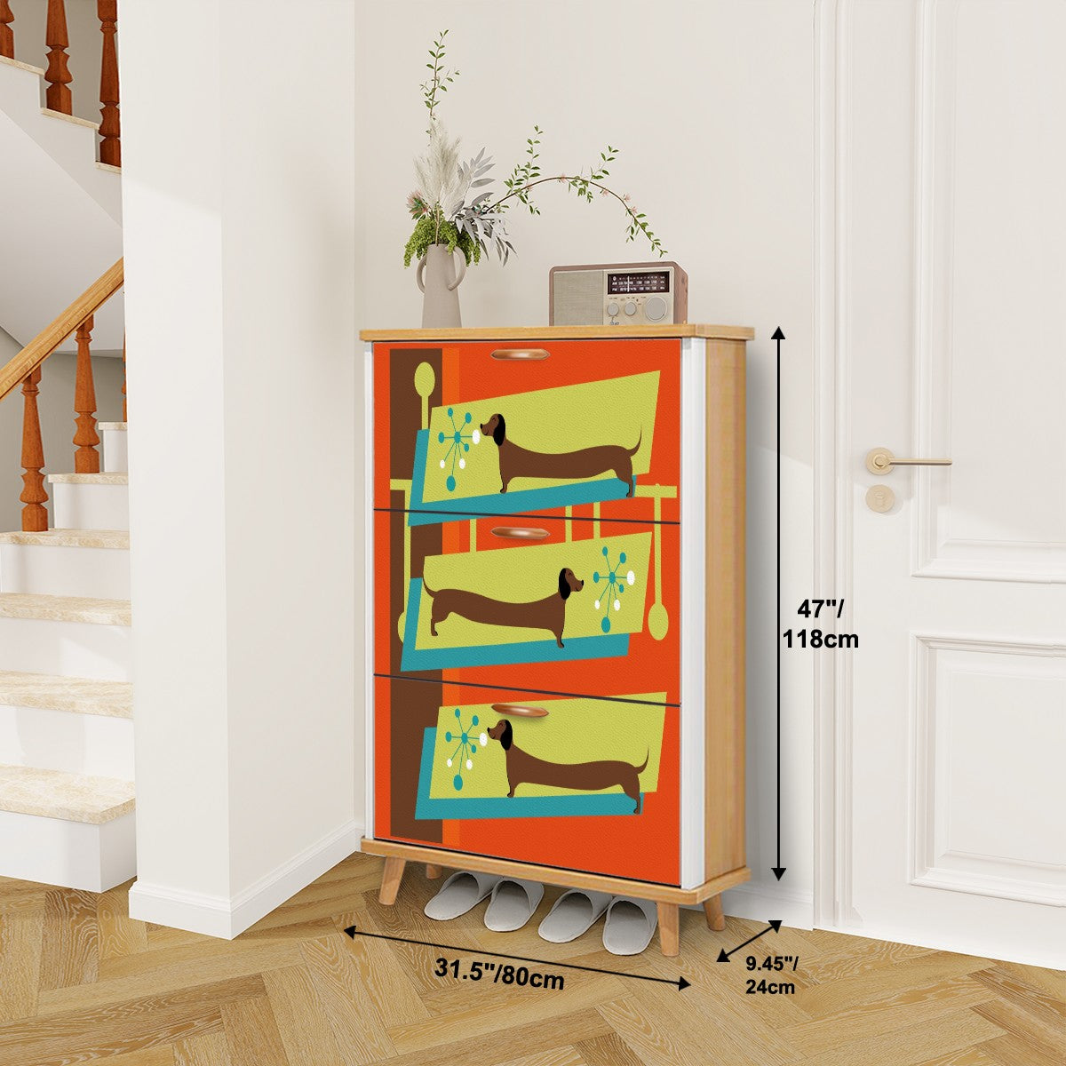 Mid Century Modern Doxie Weiner Dog Lover Retro Orange Shoe Storage Cabinet - Mid Century Modern Gal