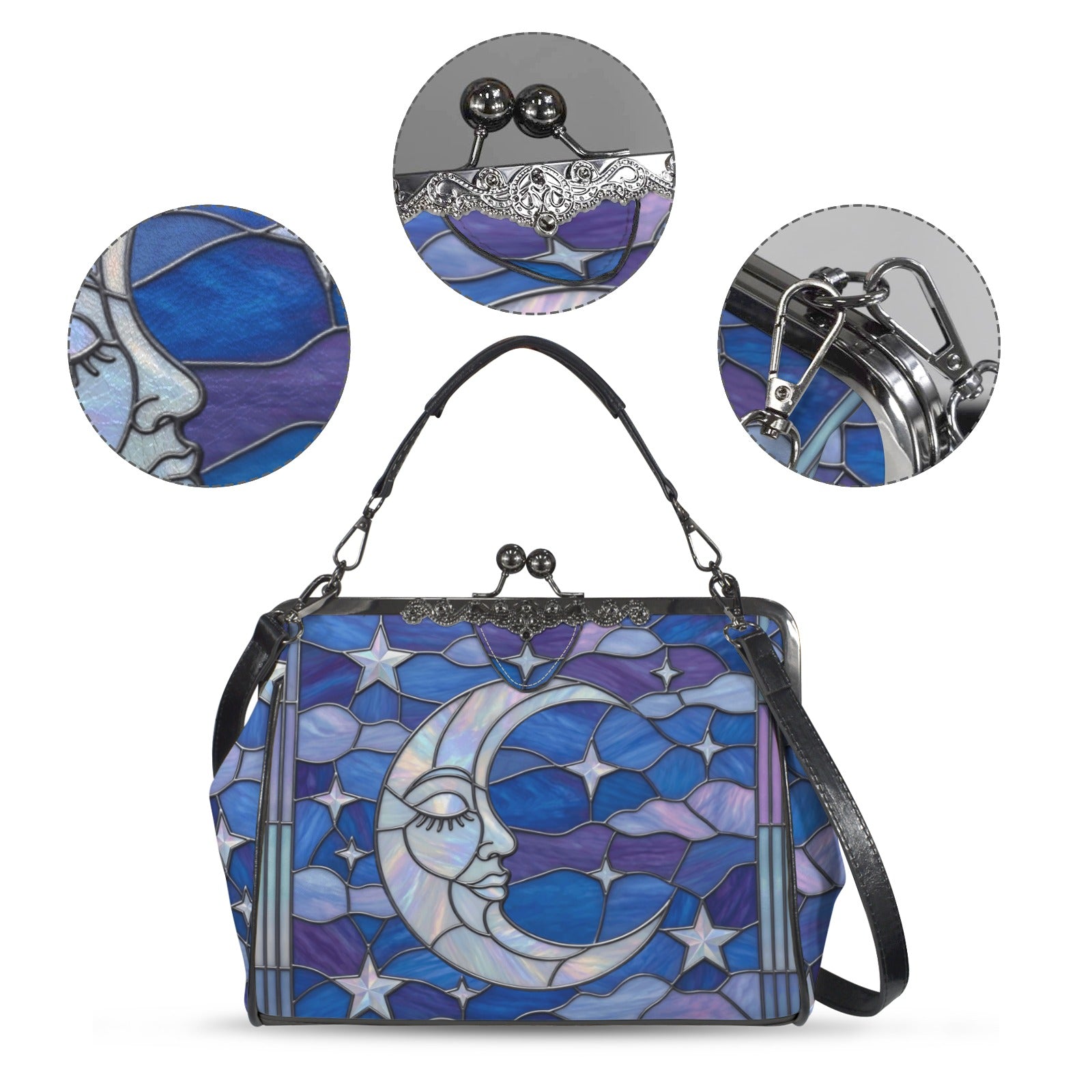 Halloween Stained Glass Style Night Sky Moon Stars Clouds Kisslock Crossbody Purse - Mid Century Modern Gal