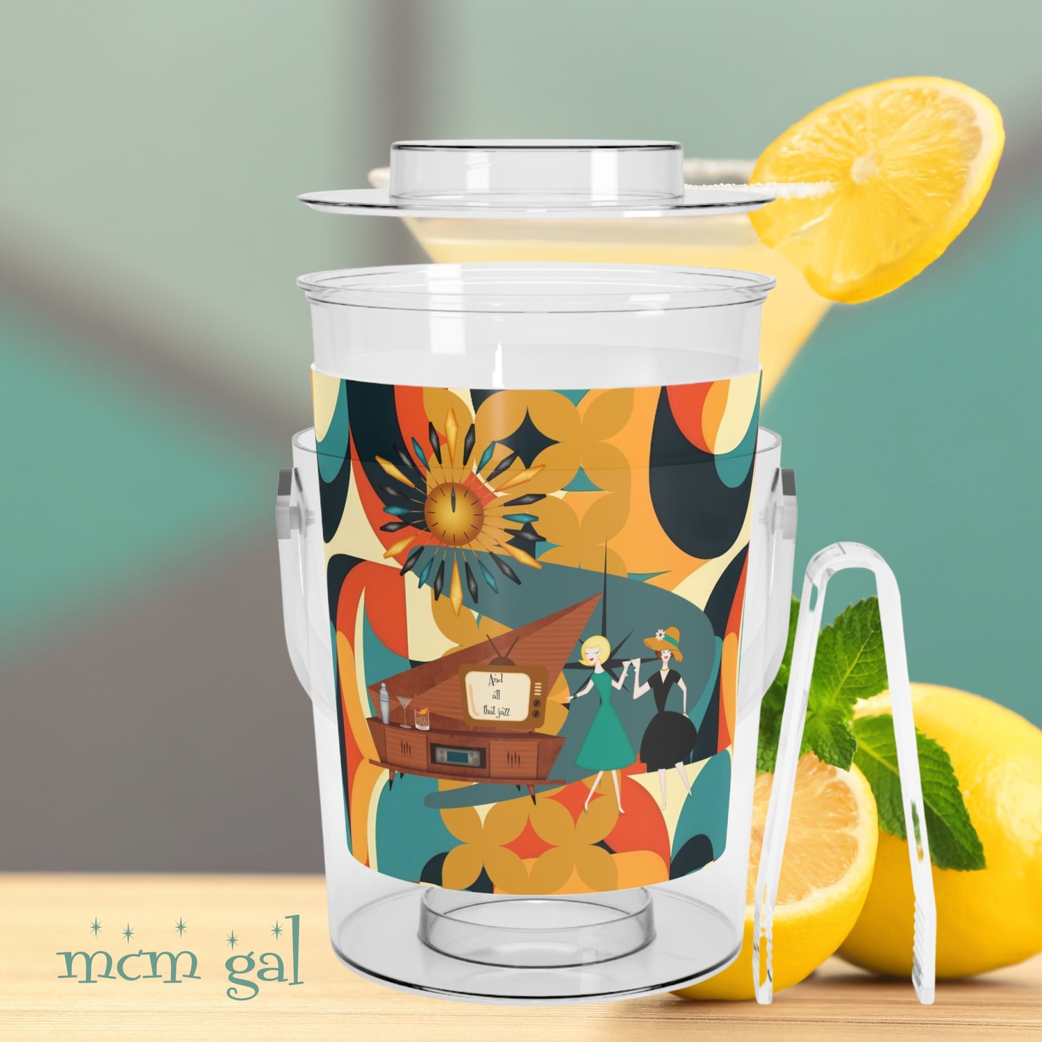 Mid Century Modern Barware, Ice Bucket with Tongs, Jazzy Ladies Lesbian Couple, Bestie Friends, Kitschy Fun Retro Outdoor Entertaining - Mid Century Modern Gal