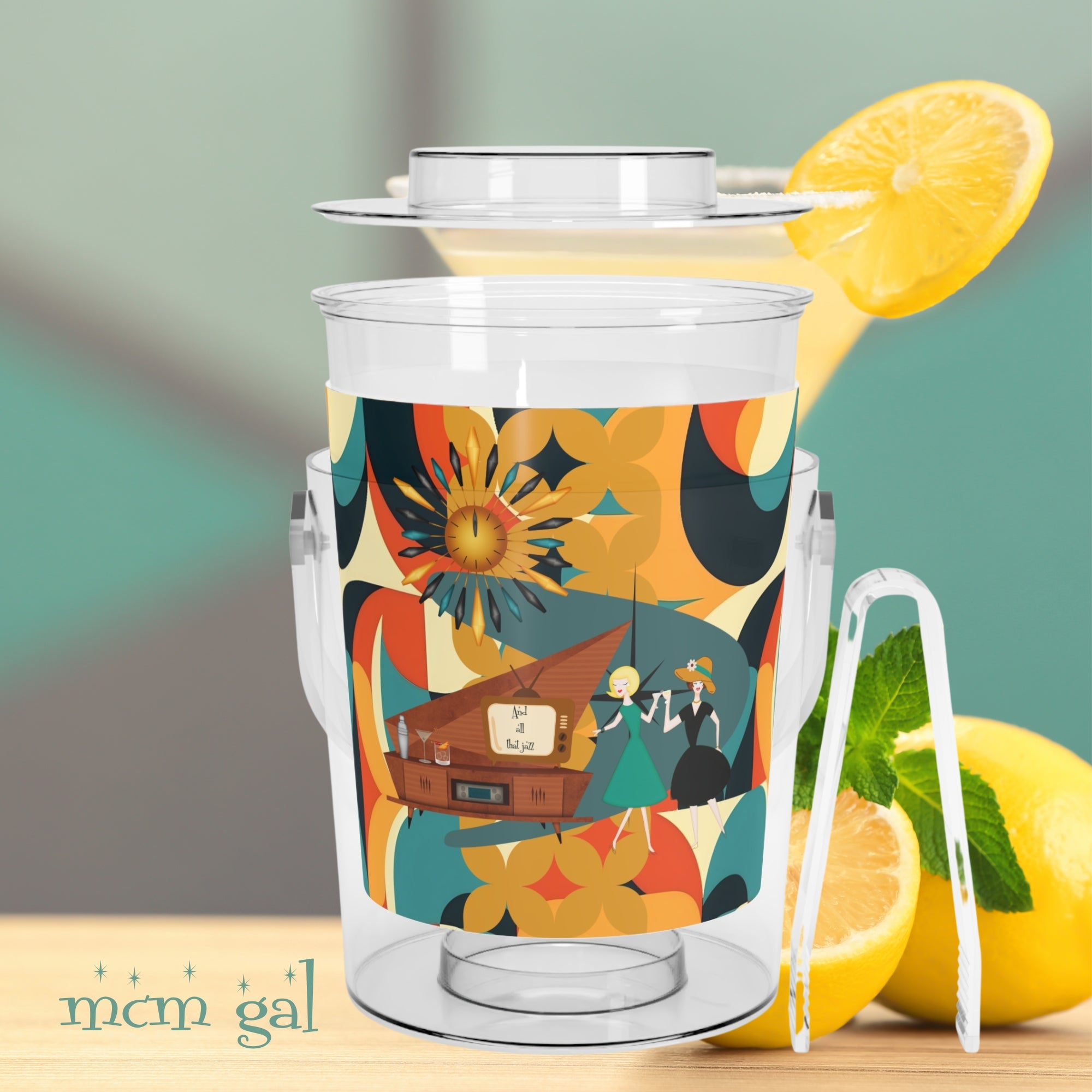 Mid Century Modern Barware, Ice Bucket with Tongs, Jazzy Ladies Lesbian Couple, Bestie Friends, Kitschy Fun Retro Outdoor Entertaining - Mid Century Modern Gal