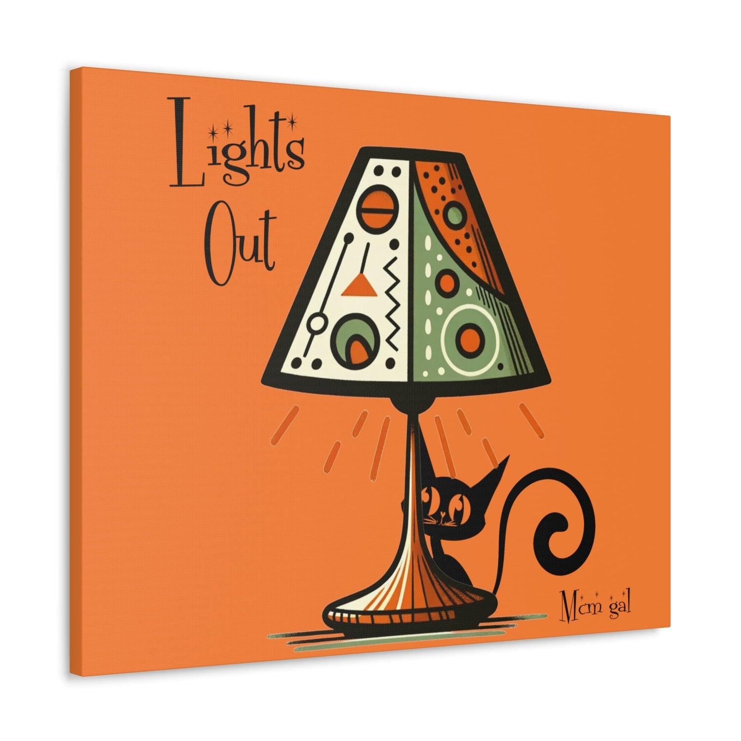 Atomic Cat Kitschy Art, Orange Mid Century Modern Wall Art, Lights Out, Modern Retro Art Canvas 30″ x 24″ / 1.25"